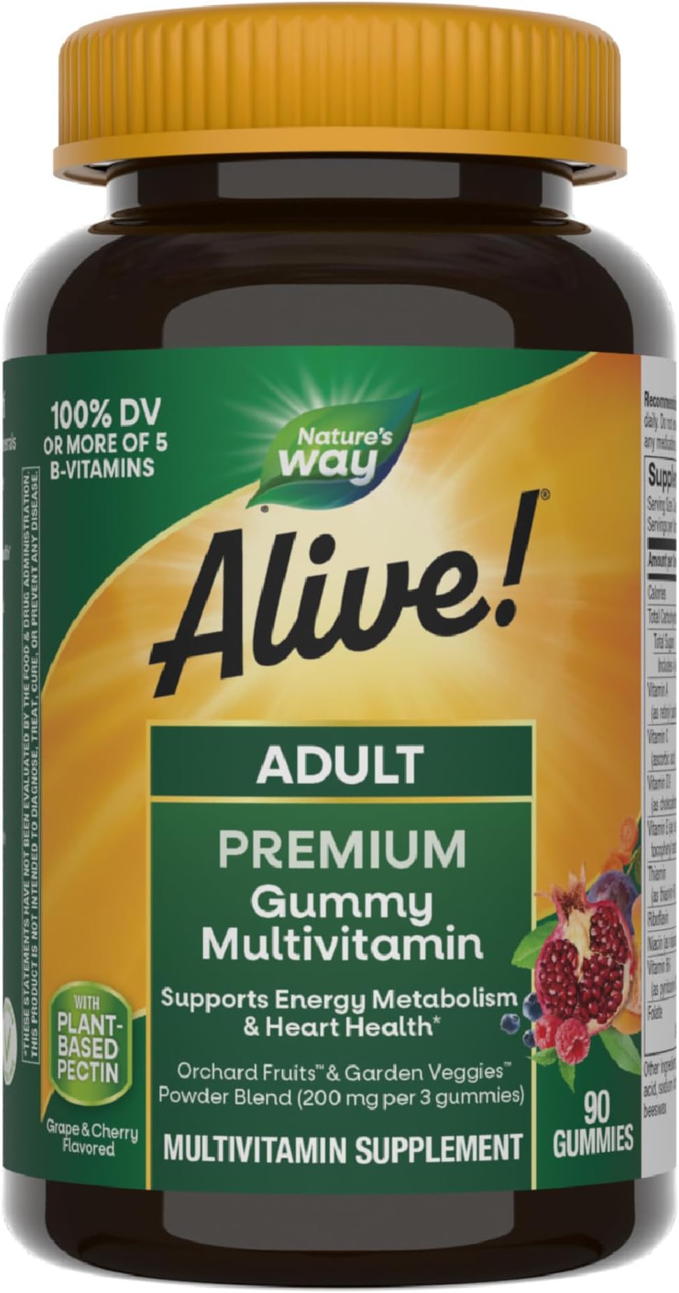 Alive! Adult Premium Multivitamin Gummy Supplement, Full B-Vitamin Complex, Supports Energy Metabolism & Heart Health*, Grape and Cherry Flavored, 90 Gummies (Packaging May Vary)