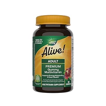 Natures Way Alive! Adult Premium Multivitamin Gummy Supplement, Full B-Vitamin Complex, Supports Energy Metabolism & Heart Health*, Grape and Cherry Flavored, 90 Gummies Packaging May Vary