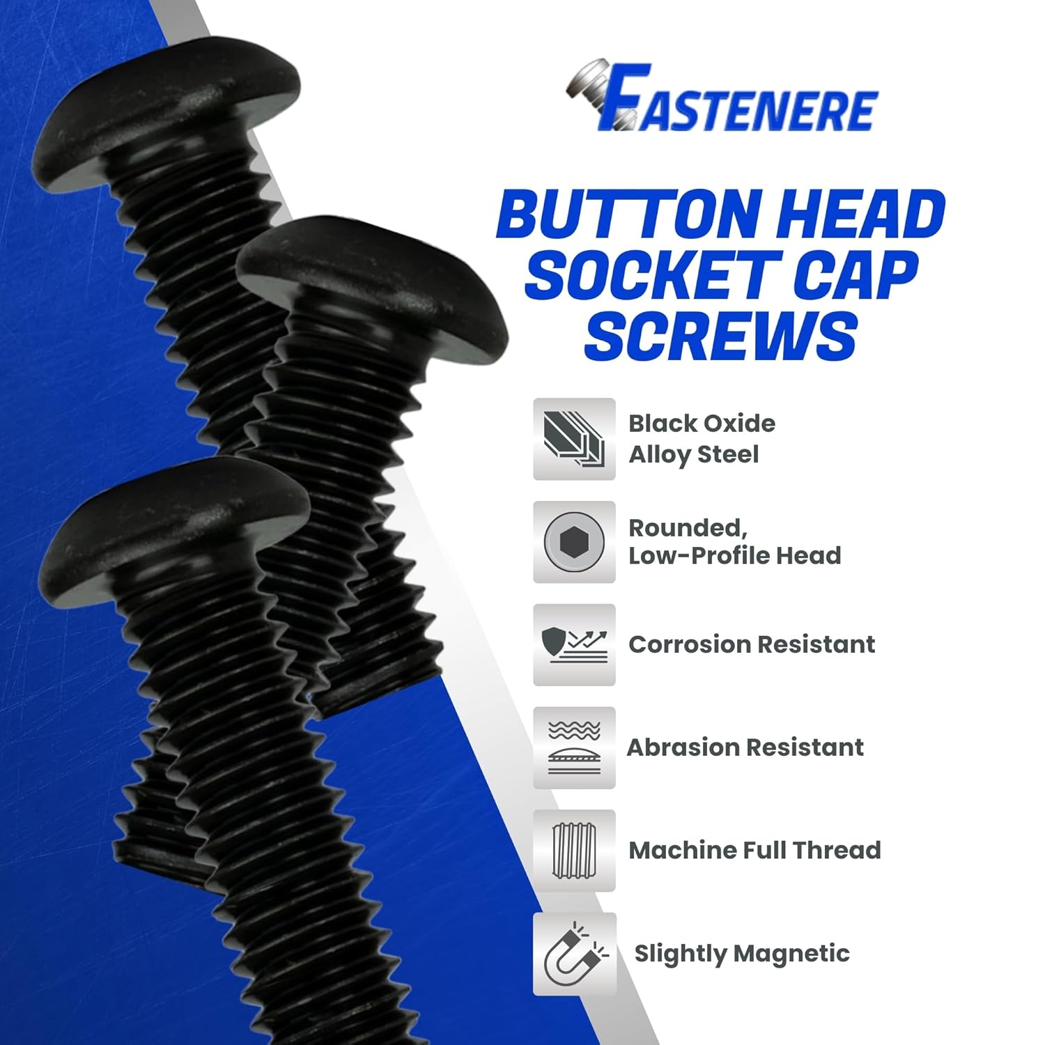 Fastenere Button Head Socket Cap Screws - 7/16-14 x 1" (10-Pcs) Alloy Steel, Fully Threaded, Fine Black Oxide Finish, Corrosion-Resistant, Machine Thread, Easy to Install w/Allen Hex Drive