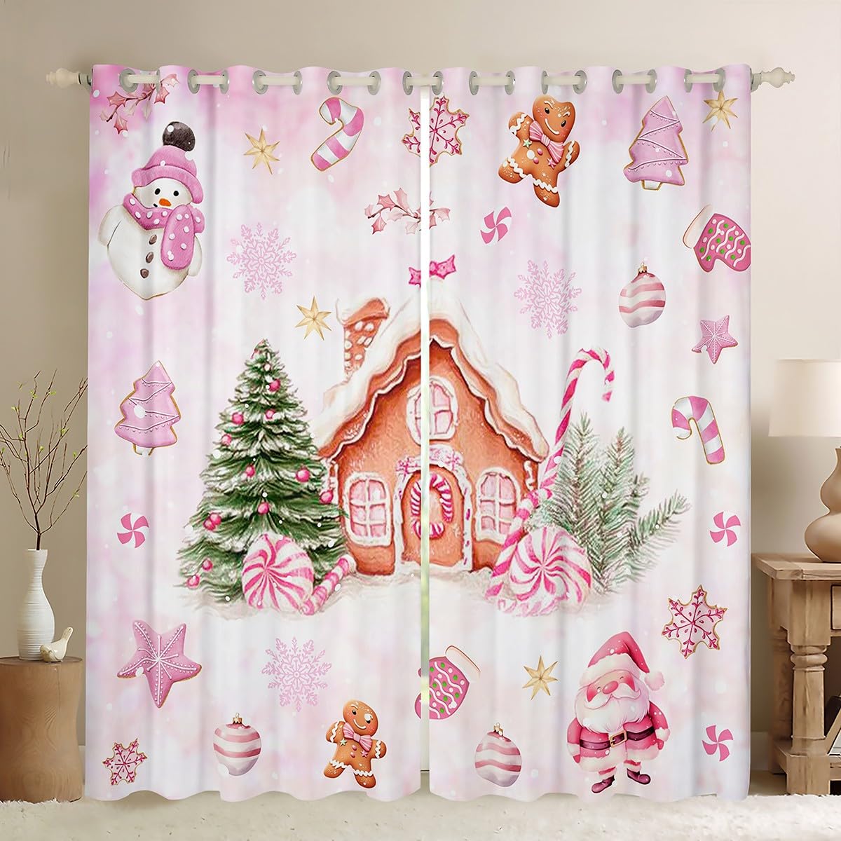 Rideau de fenêtre de Noël rose Manfei en pain d'épices pour chambre