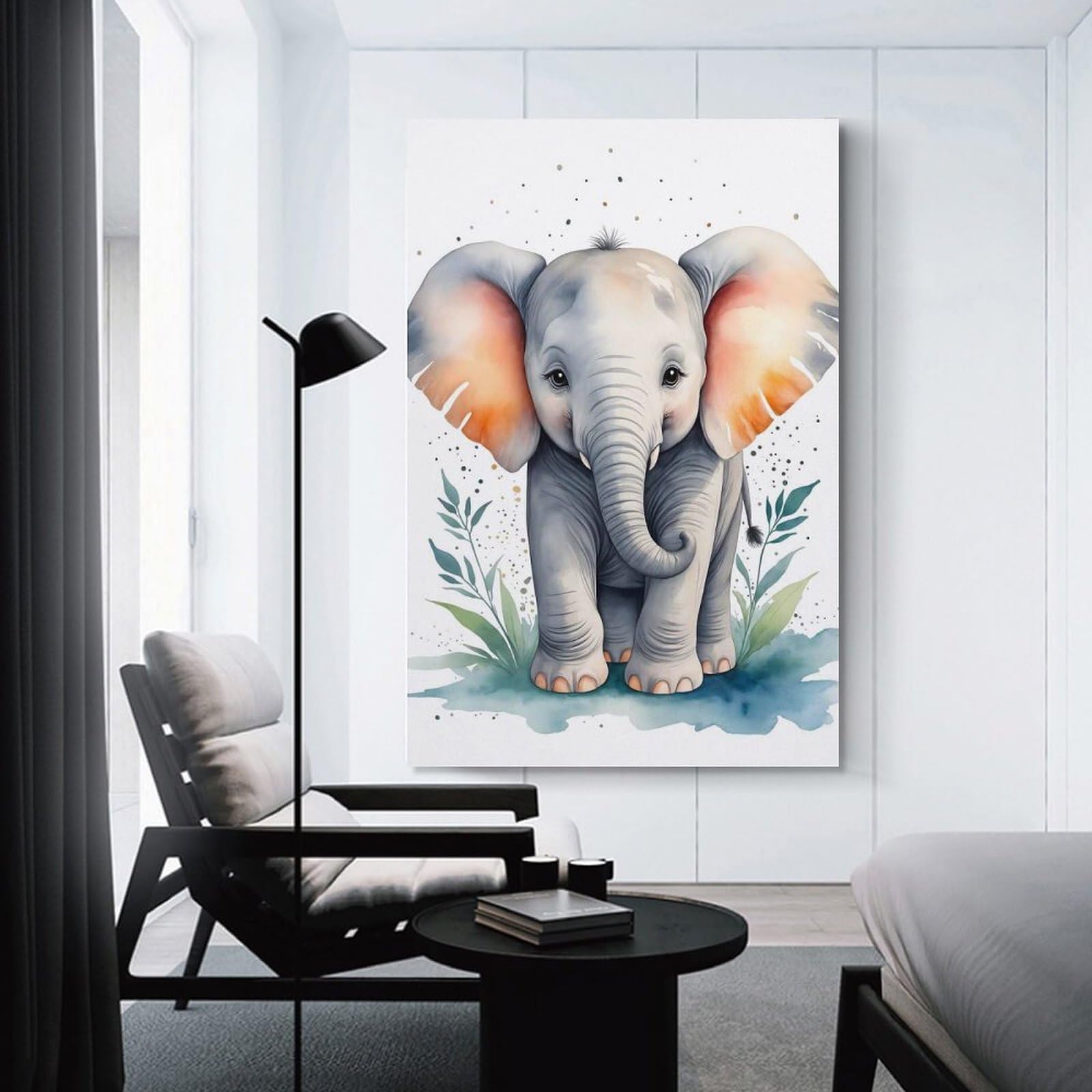 Junmoney Cute Elephant Watercolor Room Decor Wall Art, 24x36inch(60x90cm), for Home Office, Desk Area Or Studio, An Interior Accent for Desk Areas