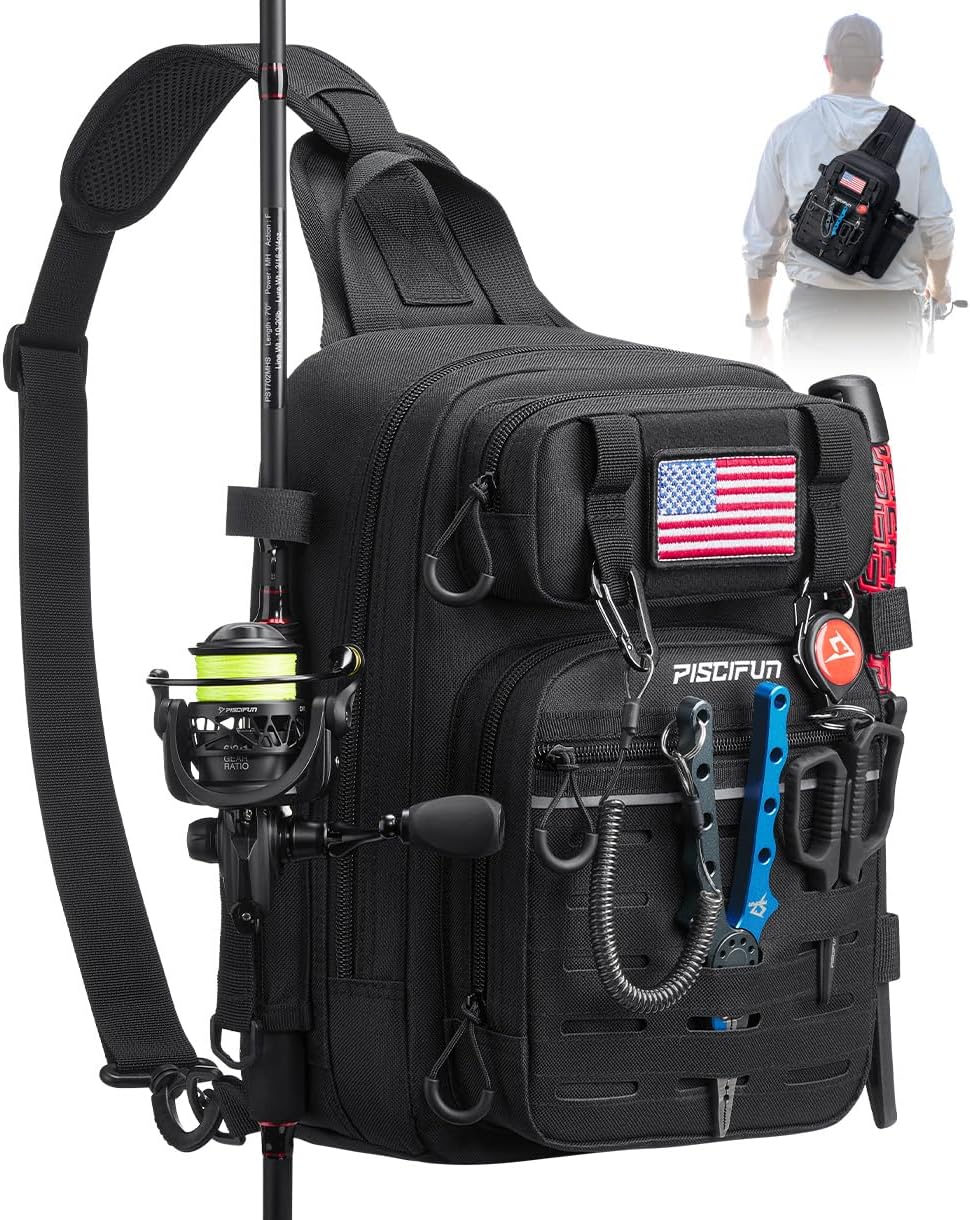 Piscifun Fishing Backpack Tackle Bag with 2 Rod Holders, Multi-Compartment Storage, MOLLE System, Water-Resistant Lightweight Outdoor Pack
