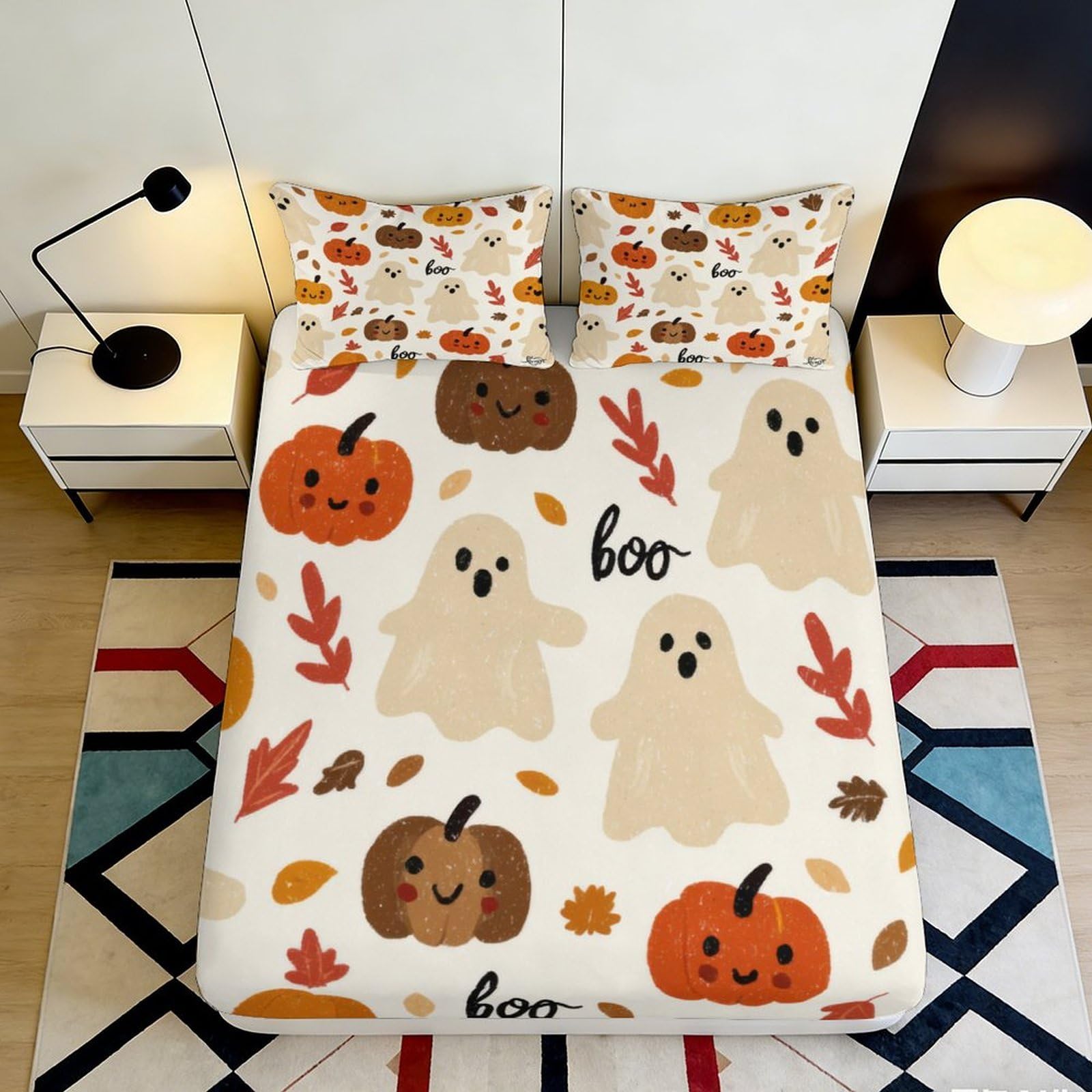 Jqzkxnhpbr Style-4 3D Printed Halloween Pumpkin Fitted Sheet Microfiber Soft Ghost Leaf Bed Cover For Bedroom Guest Room Decor 90X200x25cm