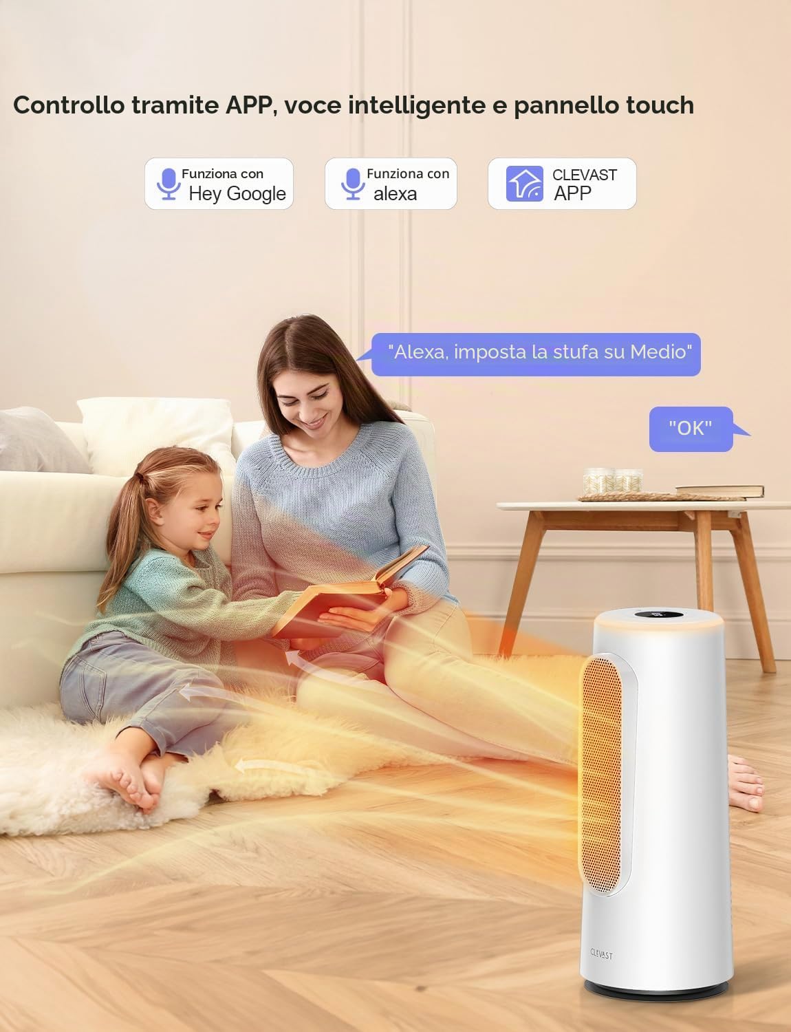 CLEVAST Termoventilatore a risparmio energetico, 1500W, riscaldamento elettrico con regolazione della temperatura e funzione timer, 83° oscillante, termoventilatore in ceramica per ambienti camera (L)