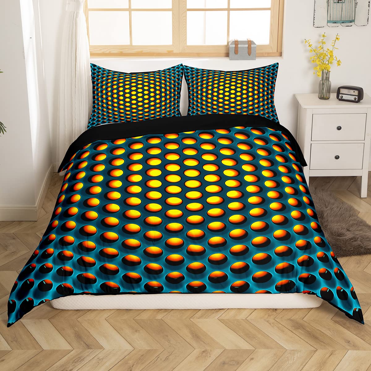 Honeycomb Duvet Cover Set Hexagon Geometric Bedding Sets Beehive Comforter Cover For Kids Boys Girls Reversible Black Stereoscopic Dense Hole Abstract Art Quilt Cover 3 Pieces Queen Size Blue Yellow