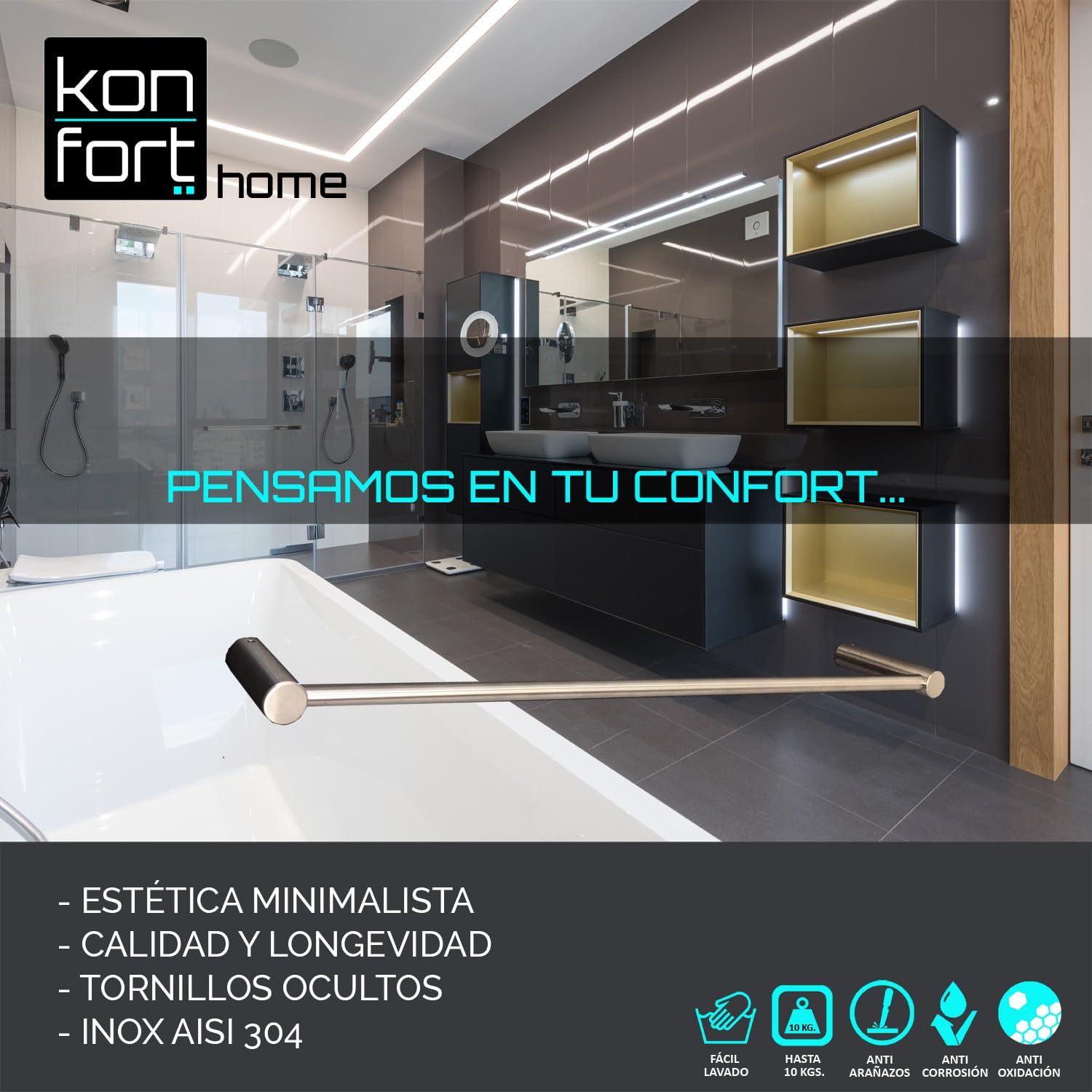 Kon-fort Home Toallero Baño 30cm. con Tornillos Acero Inoxidable AISI 304 Mate, Diseño Exclusivo.