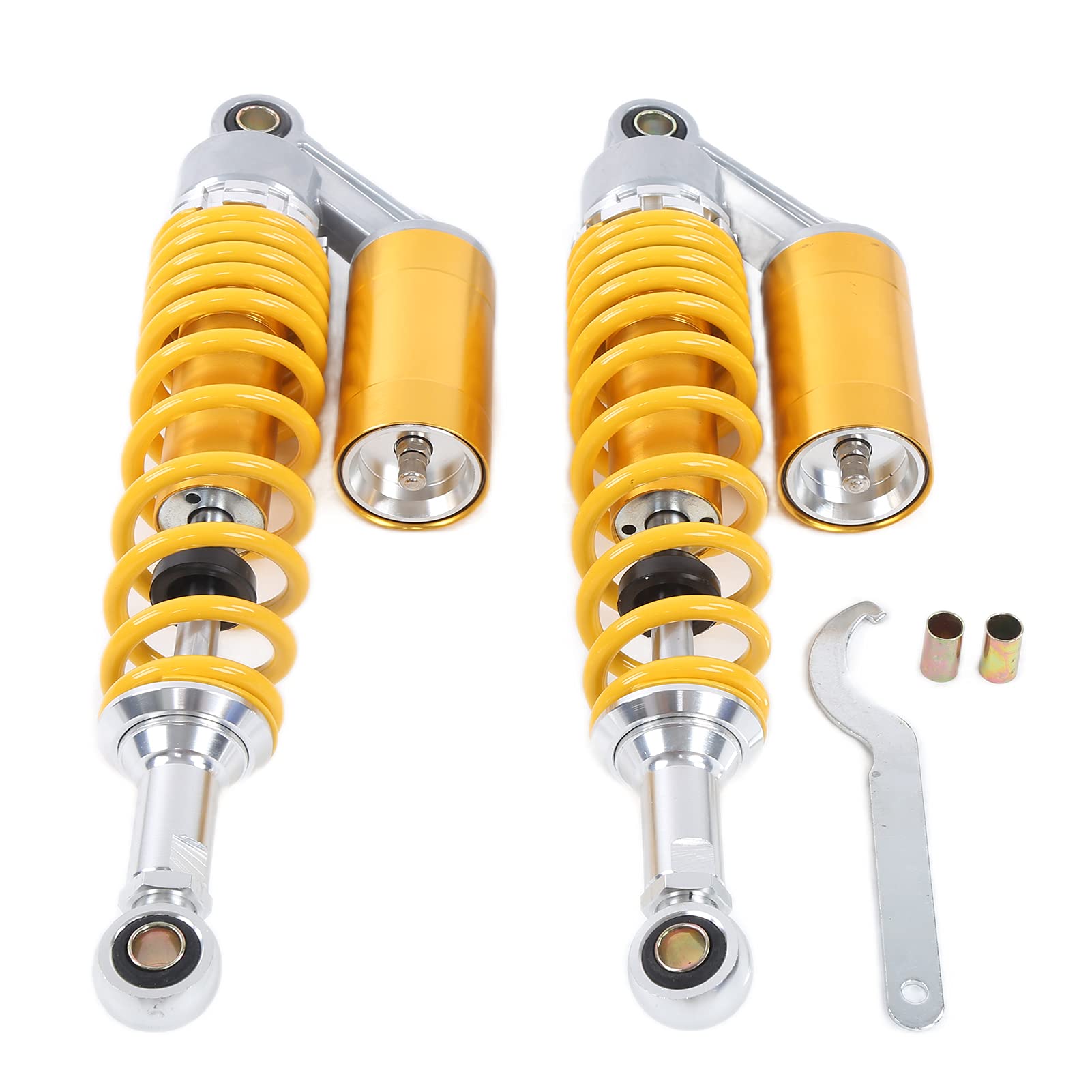 Aramox Amortyzator Motocyklowy, para Tylnego Zawieszenia z Aluminium i żelaza 340 Mm, Regulowany Amortyzator Sprężynowy z Narzędziem, Uniwersalny do Skutera ATV SUV Go Kart (YELLOW)