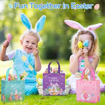 24 Pack Easter Gift Bags, Reusable Bag with Handles, Non-Woven Easter Baskets, Foldable, Waterproof, Egg Hunt Gift Bag Party Supplies, Extra with 24