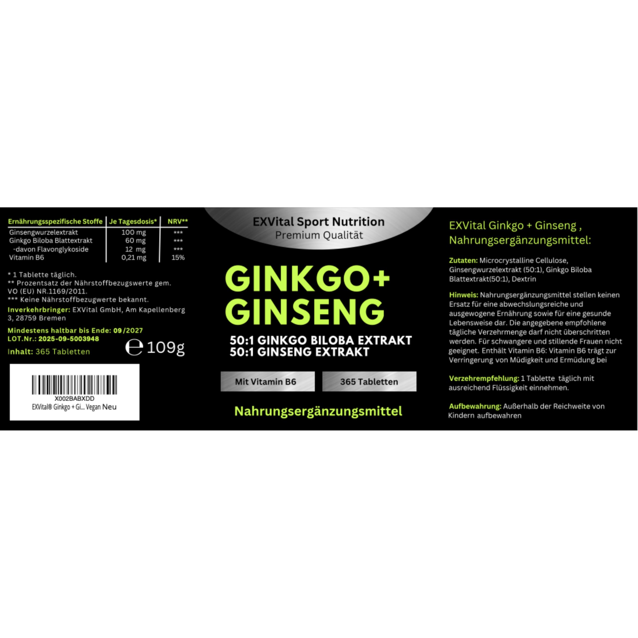 EXVital® Ginkgo + Ginseng, 365 compresse, estratti vegetali 50:1, altamente dosati, Ginkgo Biloba e Ginseng coreano, Testato in laboratorio, Vegano
