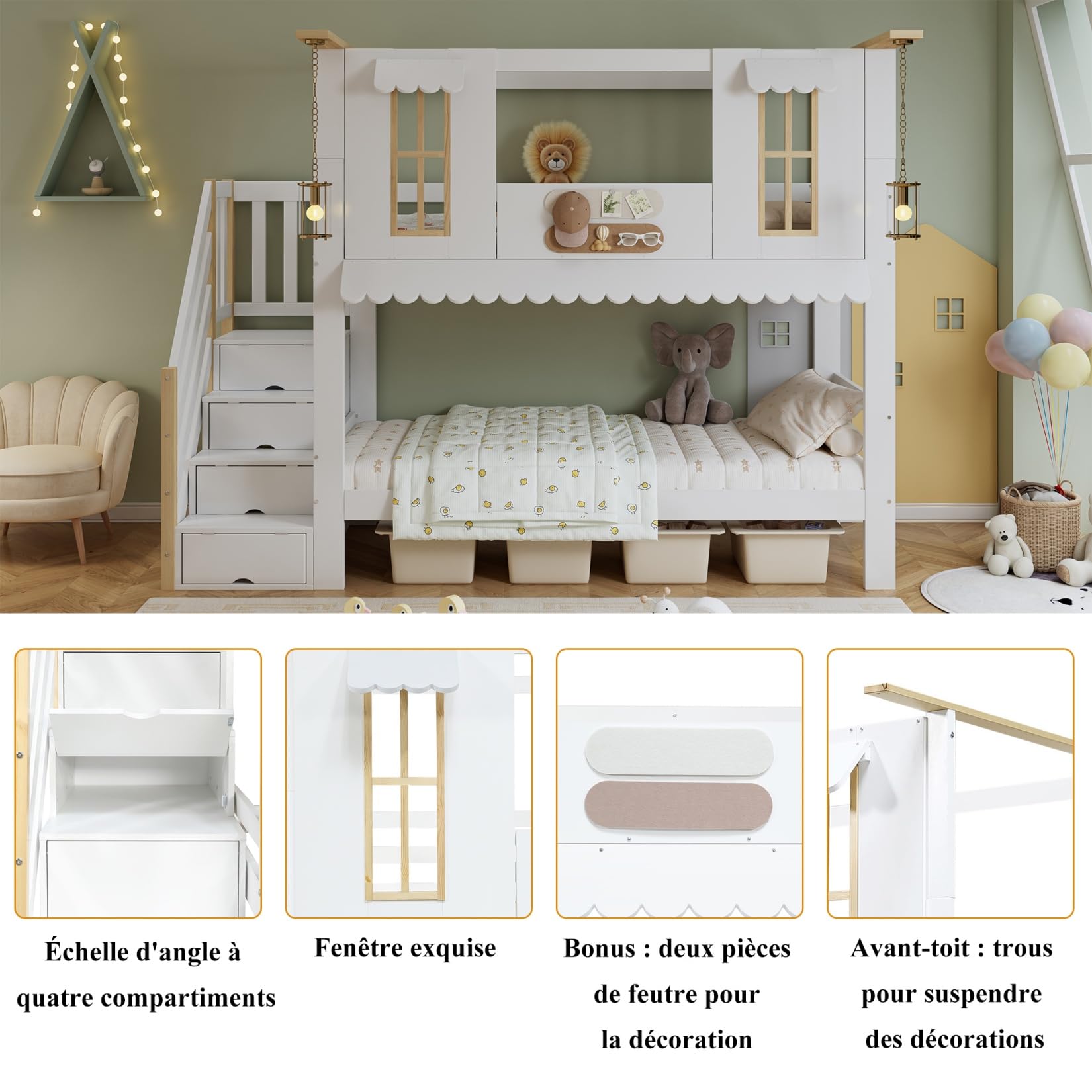 PUGSDRLY Lit Superposé Enfant 2 Places avec Fenêtre,Haute Barrière de lit,Escalier de Rangement,Feutre Décoratif,Lit Cabane Enfant 90x200 avec Sommier à Lattes,Pin(Blanc)