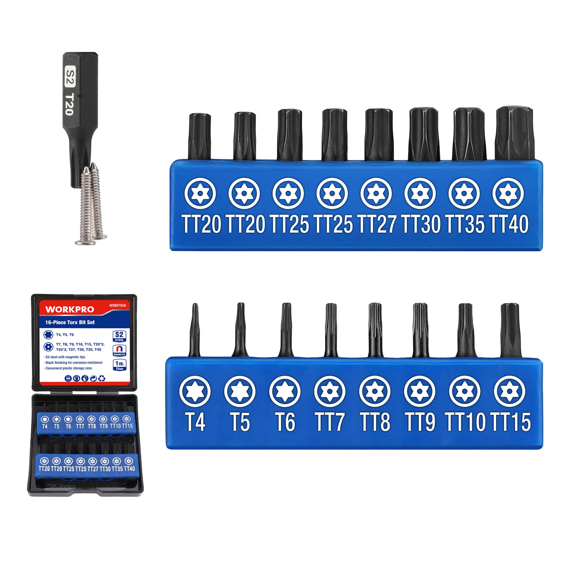 WORKPRO 16pcs Security Torx Bit Set, S2 Steel Star Bit Set, CNC Machined 1" Tamper Proof Torx Screwdriver with Magnetic Tips, 1/4 Inch Hex Shank,