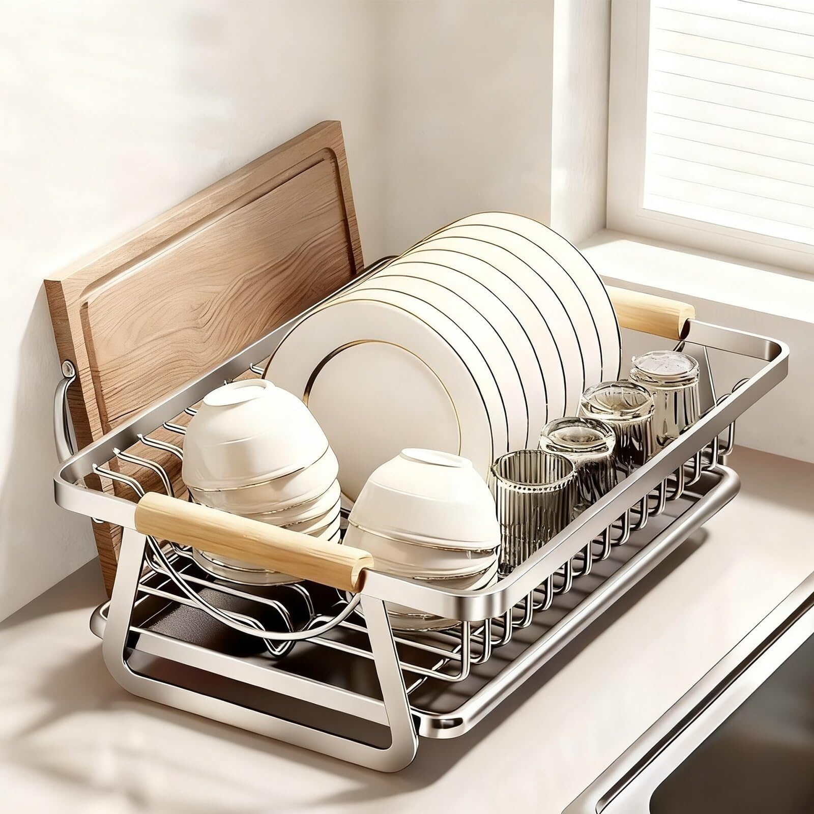 ARUNASC dish racks Dish Drying Rack for Kitchen Counter Stainless Steel Sink Organization and Storage Essentials with Cutlery Holder drainer(Stainless Steel Color,L)