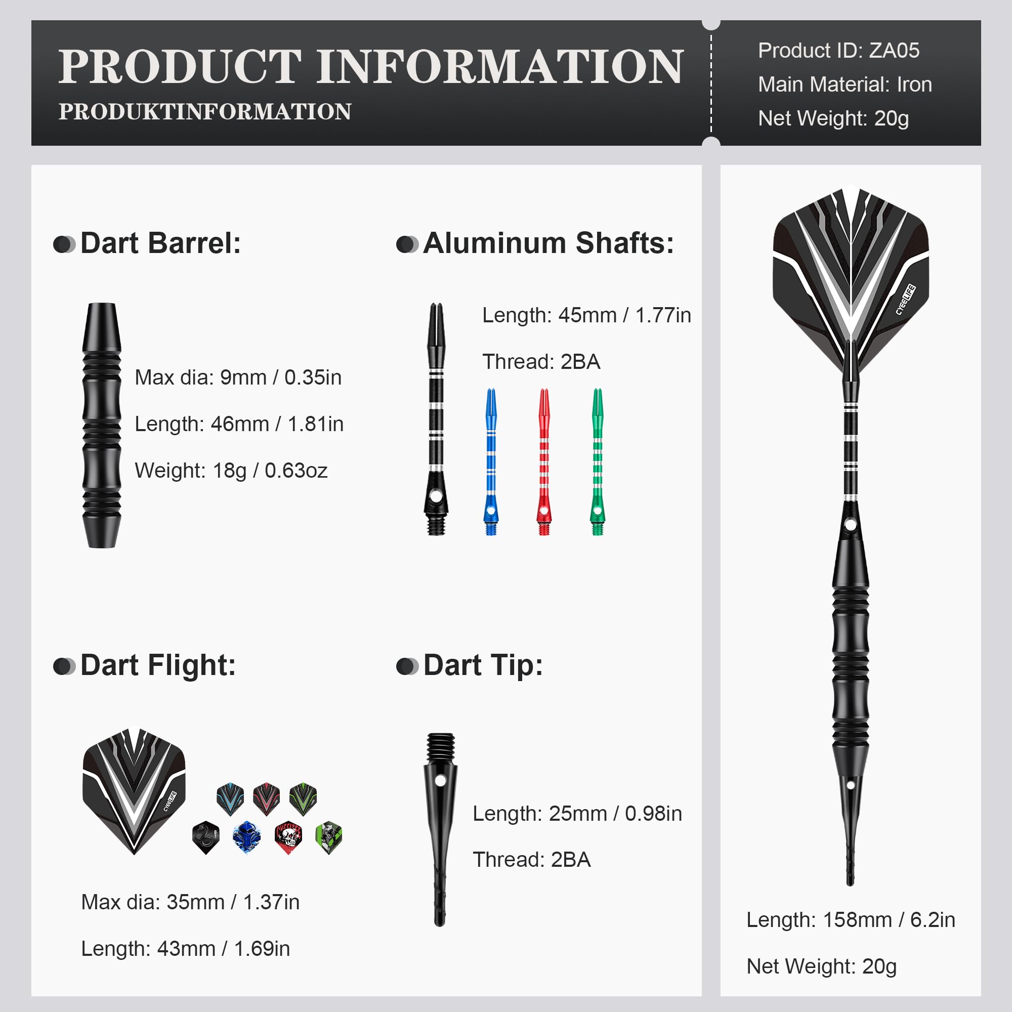 CyeeLife Flechette Pointe Plastique,Set de 12 Flechettes à Pointe Souple, 20 grammes Professionnelles Fléchettes Soft Darts pour Cible électronique