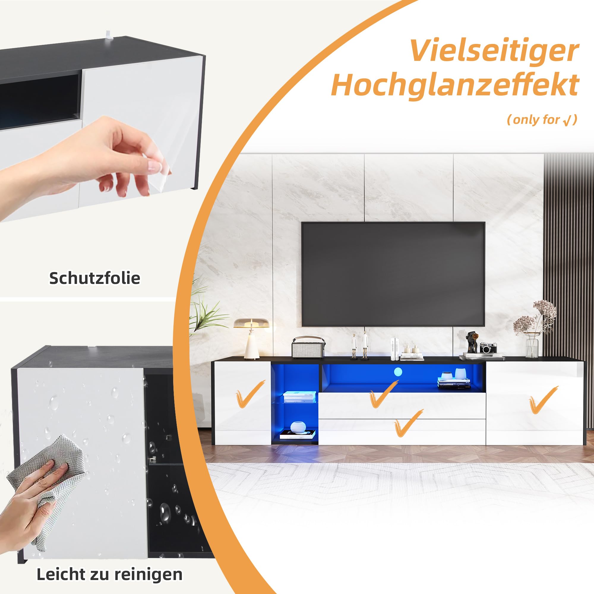 Meuble TV Brillant 2 tiroirs 2 Portes Étagères Ouvertes Lowboard pour téléviseur Jusqu’à 75 Pouces avec Bande Lumineuse LED Bas pour Salon Table de Meubles TV Noir
