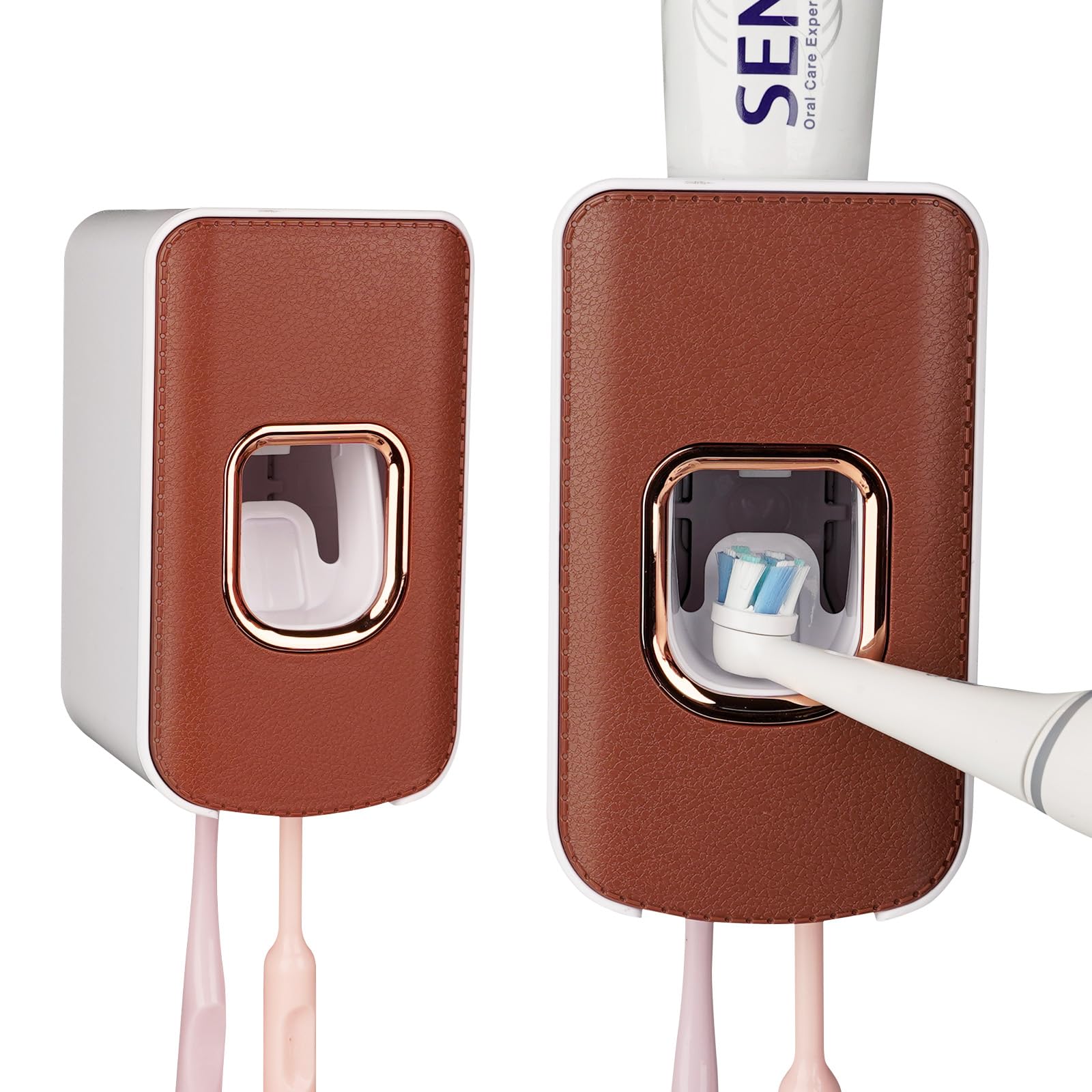 2 Slot Toothbrush Holder and Toothpaste Dispenser Wall Mounted, Automatic Toothpaste Squeezer
