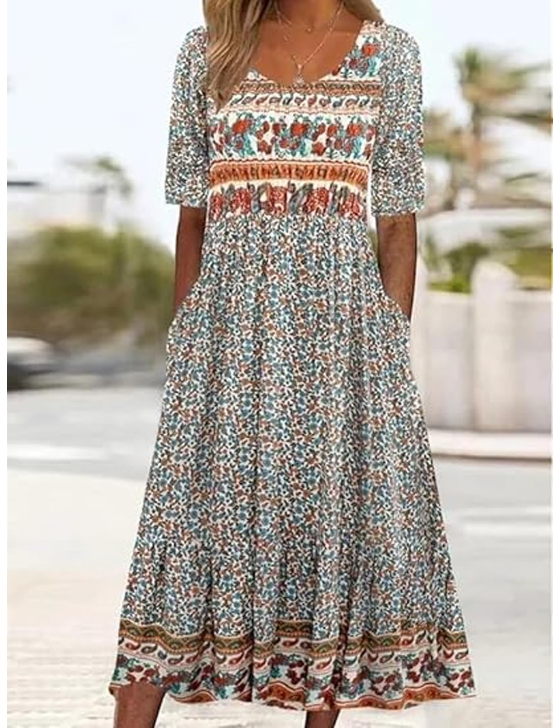 ABINGOO Femmes D'été Manches Courtes Col Rond Robes Bohème Chic Fleurie Imprimé Tunique de Plage Décontractée Midi Robe
