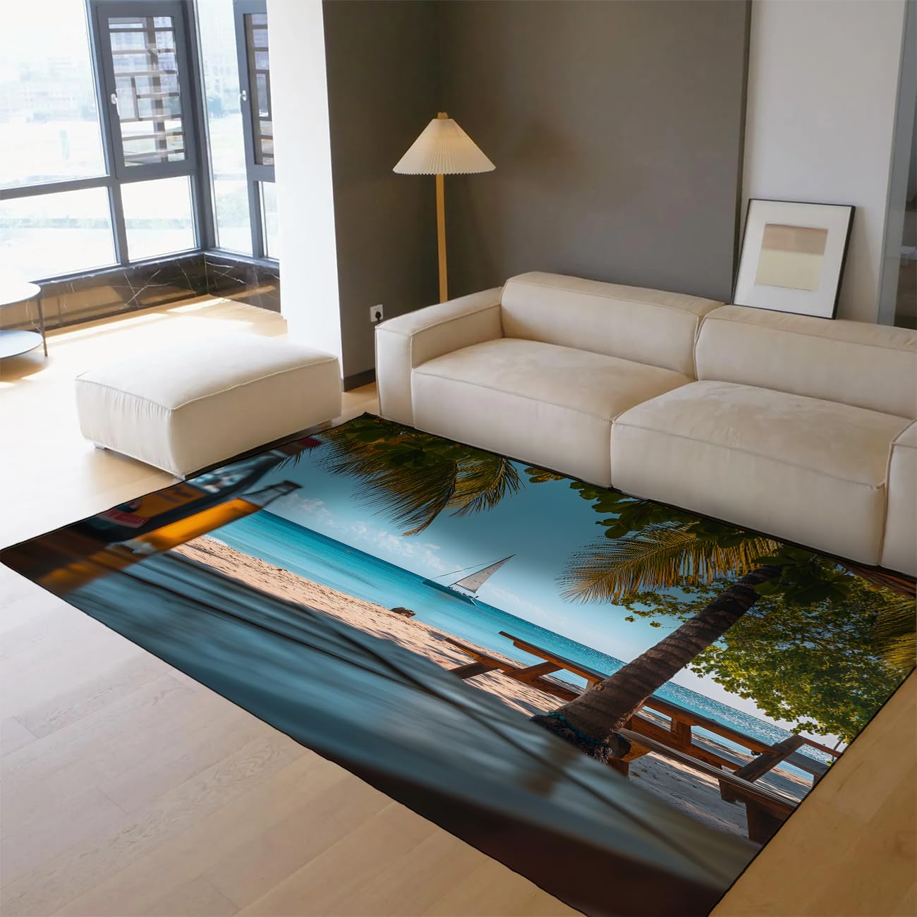 60x90cm Tropischer Strandteppich Steg Palmenblätter Kurzflor