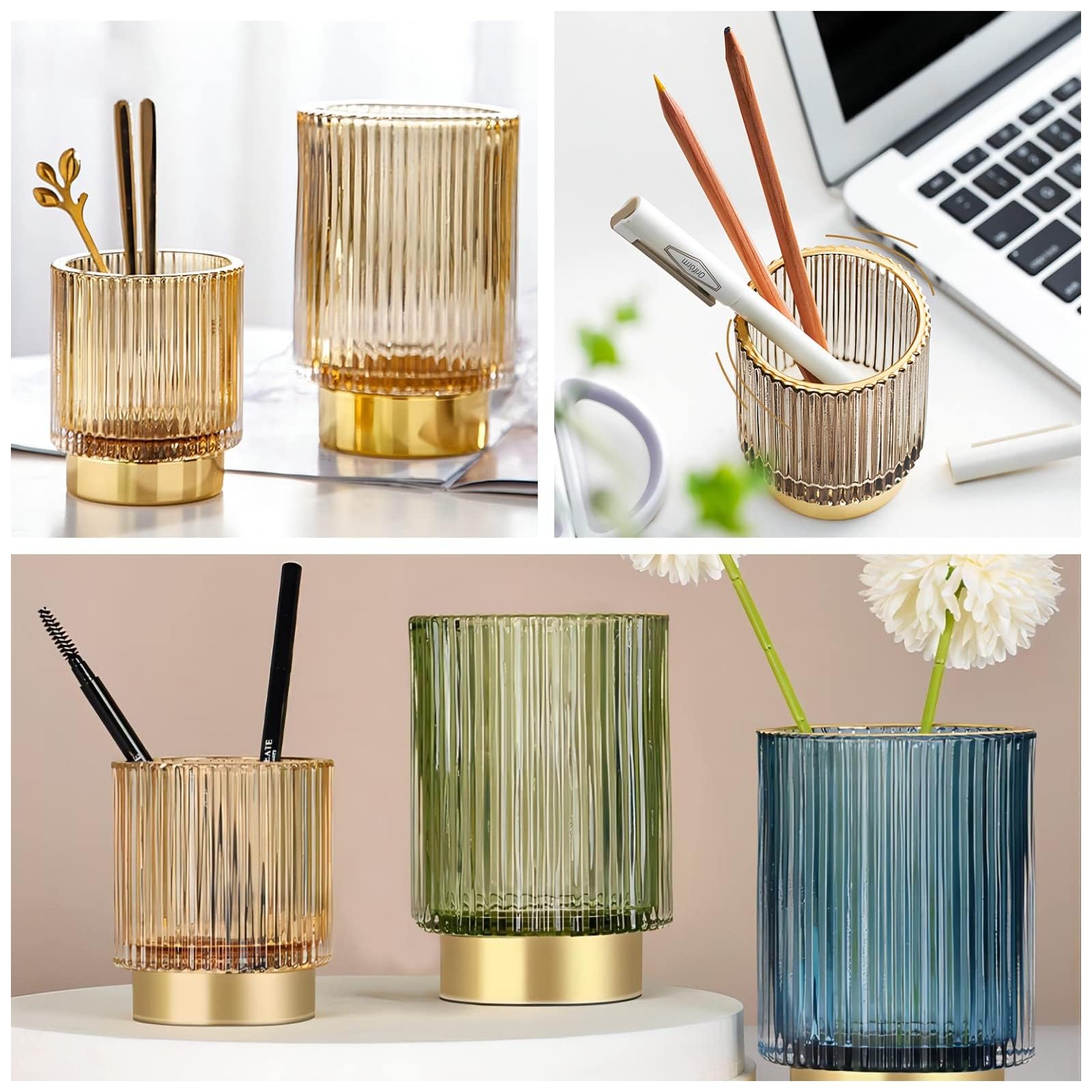 DASITON Makeup Brush holder Organizer,Crystal Cosmetic Makeup Brush Glass Brushes Storage Holder, Vintage Make Up Brush Cup Pen Pencil Holder striped vase(Coffee S) - Image 3