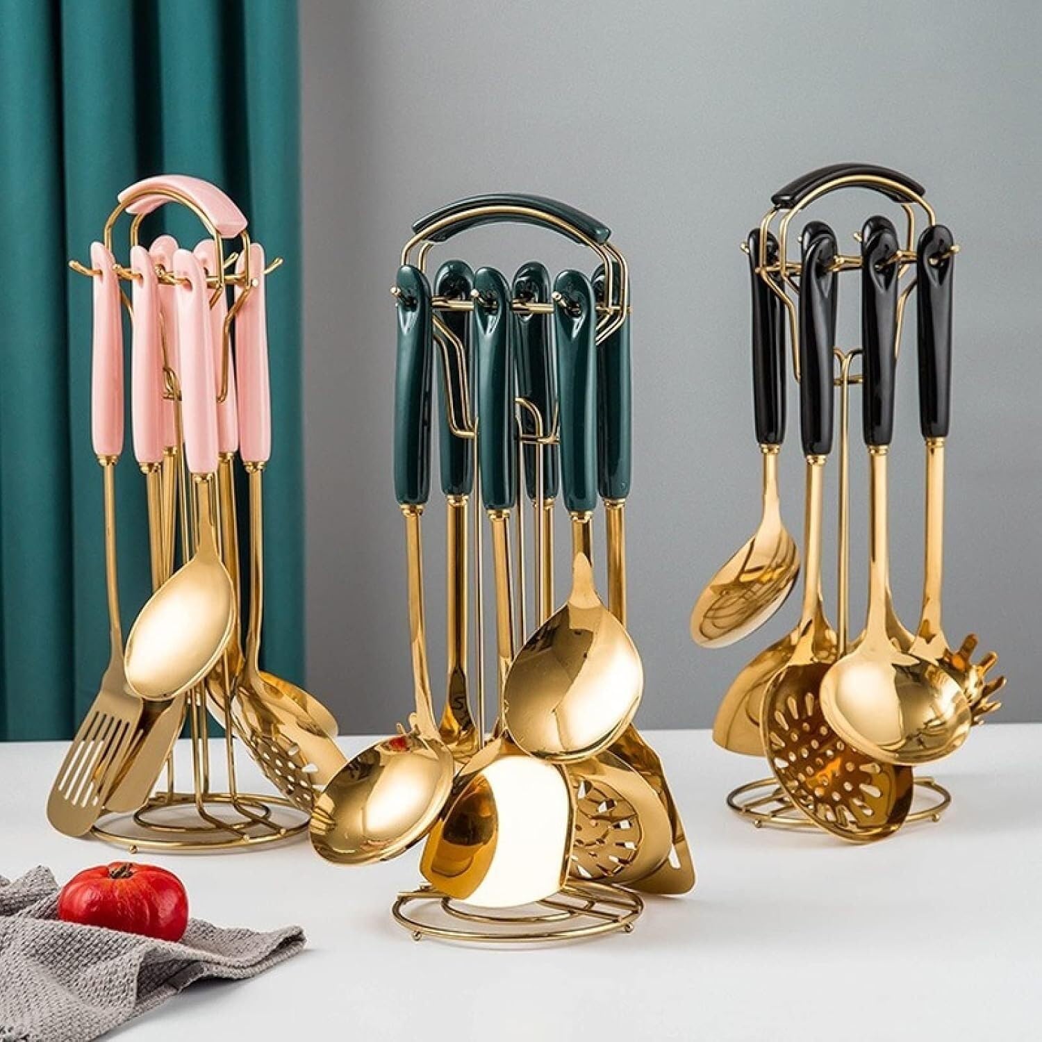 Set di Utensili da Cucina, Set di Utensili da Cucina 7 Pezzi di Pentole Utensili da Cucina con Manico in Ceramica in Acciaio Inossidabile