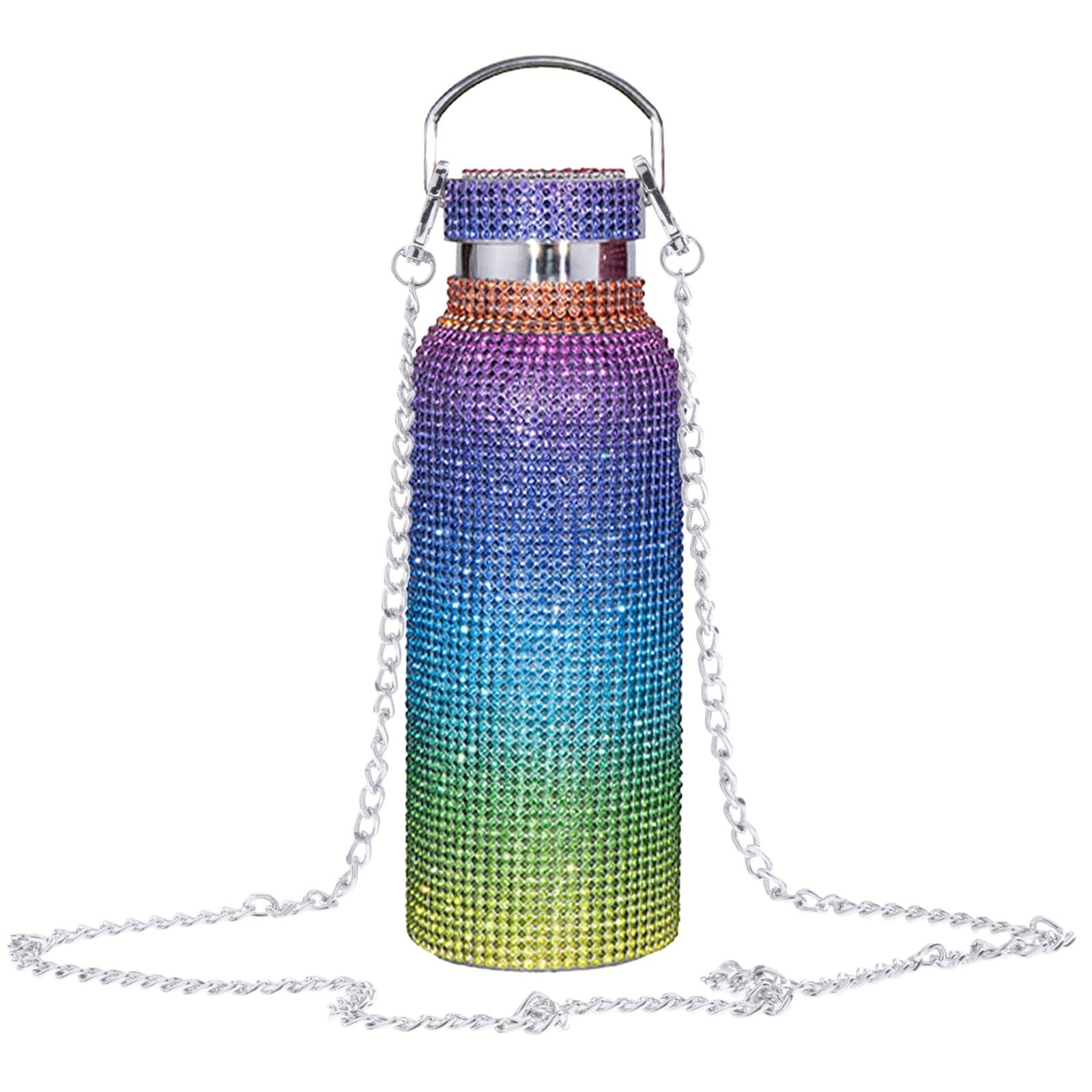 Flasche mit Kette 500 Ml Edelstahl Bling Strass Glitzer Isolierflasche Becher für Reisen für Damen Herren 6 12H Isolierung, Rainbow
