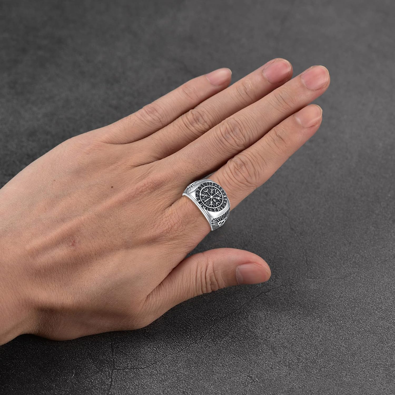 Anillo para Hombre Plata de ley 925 Anillo Runas Vikinga Brújula Vegvisir Anillo Nórdico Joyería de Protección para Hombre Mujer