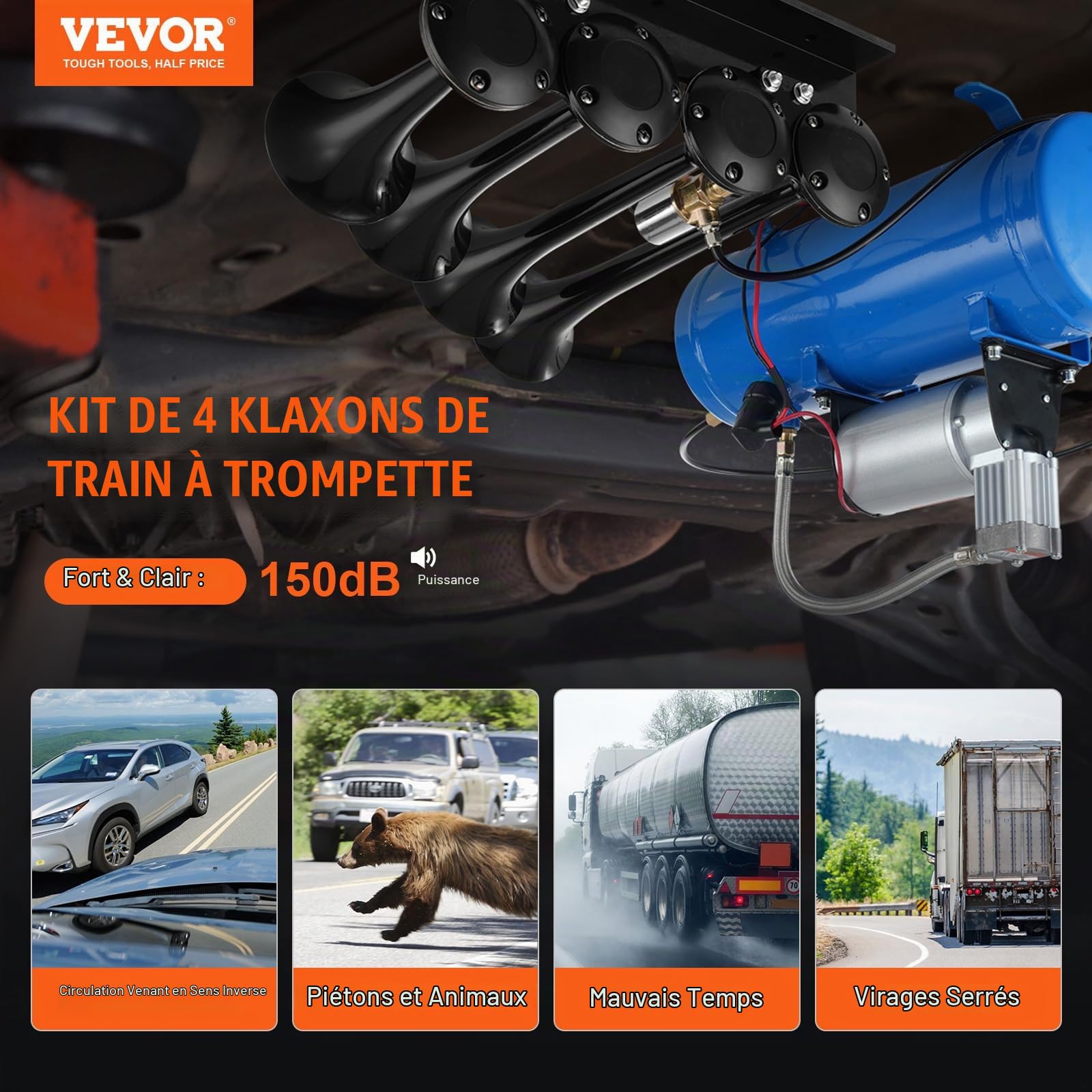 VEVOR Kit de Klaxon 4 Trompettes 150 dB Klaxon de Voiture avec Compresseur d'Air 90-120 psi Réservoir d'Air 6 L Avertisseur Sonore Pneumatique Universel pour Tout Véhicules 12 V Trains Bateaux Auto