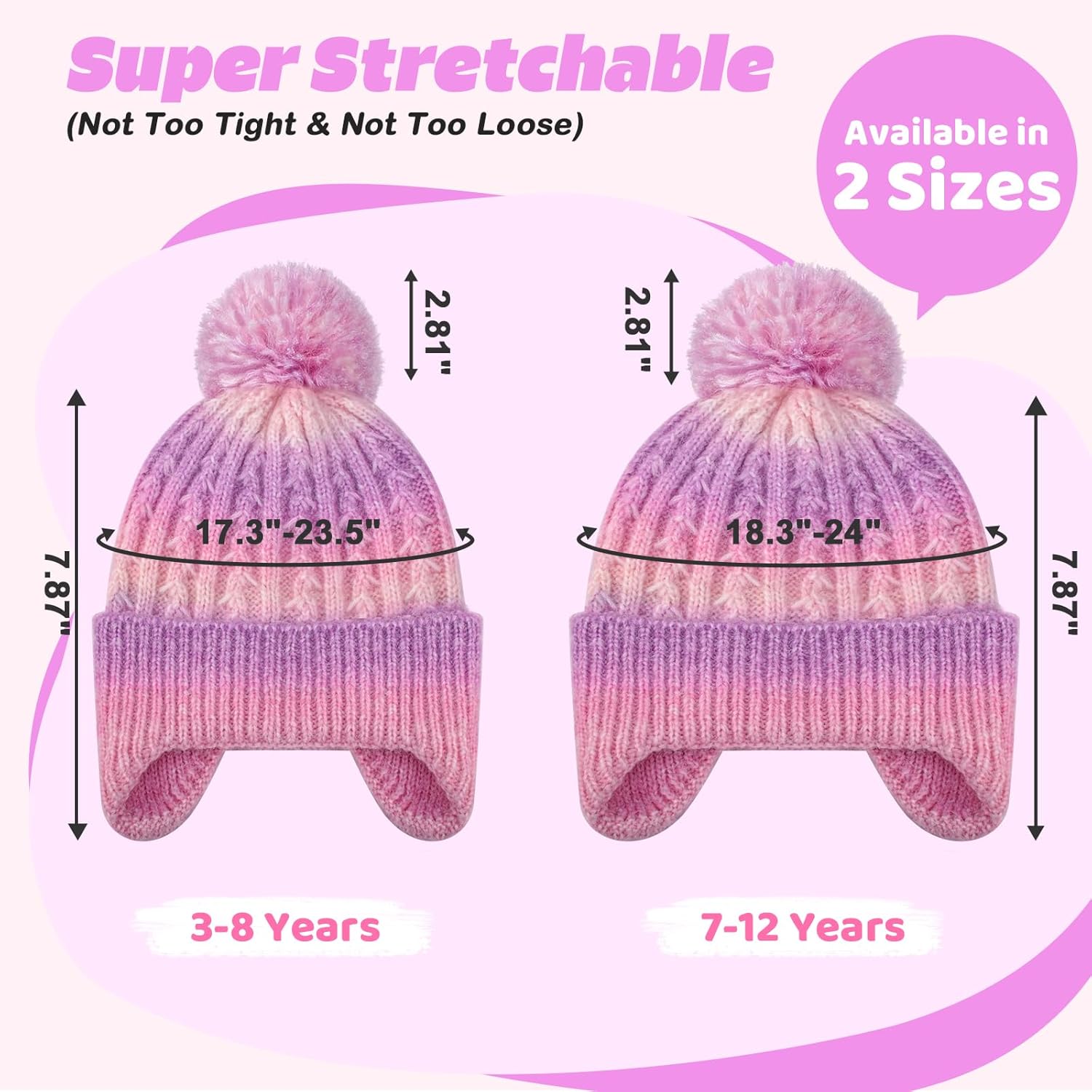 Kid Beanie Knit Hat with Earflap, Warm Winter Knit Hat with Pom, Children Thick Ski Cap for Girl Boy Cuffed Beanie Cap - Image 2