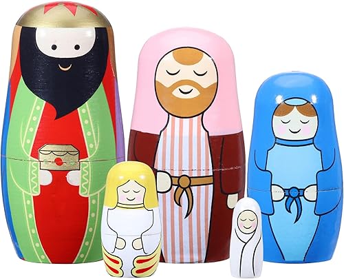 Yoption Juego de 5 muñecas rusas de anidación, hechas a mano de madera, lindas muñecas Matryoshka de dibujos animados para niños, regalo de Navidad,