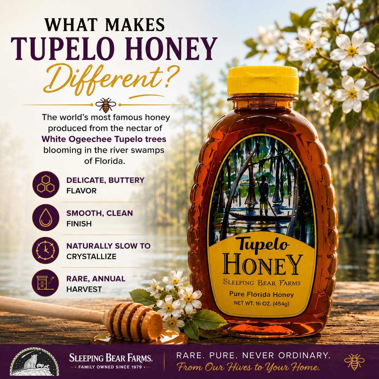 Tupelo Honig 473 ml Premium Qualität A von Sleeping Bear Farms Imker im Florida Apalachicola Flussbecken