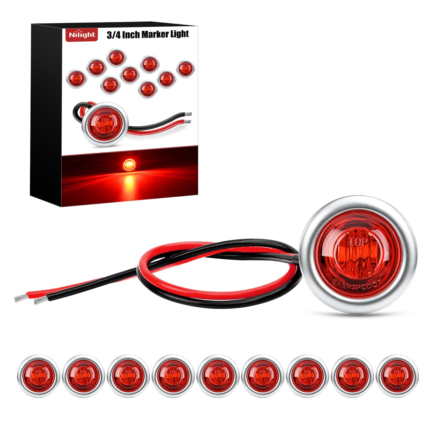 Nilight 3/4" Round Marker Lights 10PCS Red Side Bullet Clearance Light