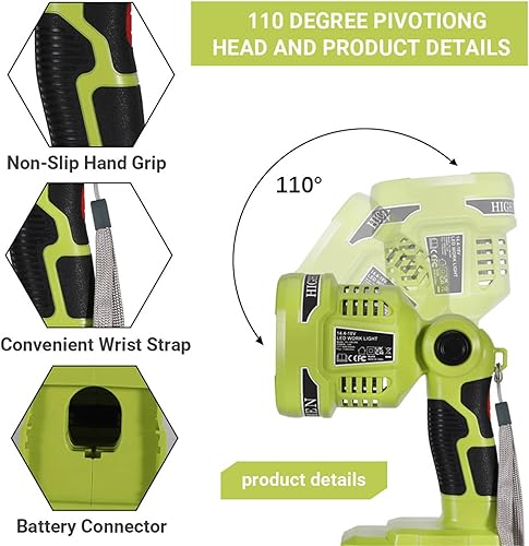 Miniatura 4 de YEX-BUR Luz de trabajo LED de 12W 1120LM para batería Ryobi 18v, linterna portátil de mano luz de proyecto para acampar taller garaje