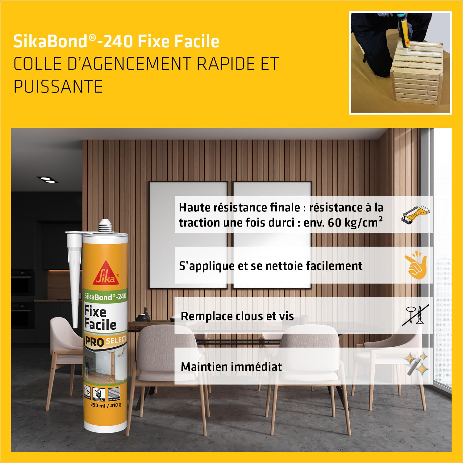 SIKA - Colle acrylique d’agencement - SikaBond-240 Fixe Facile blanc cassé - Intérieur, extérieur abrité - Multi-support - Maintien immédiat - 290 ml (Lot de 6)