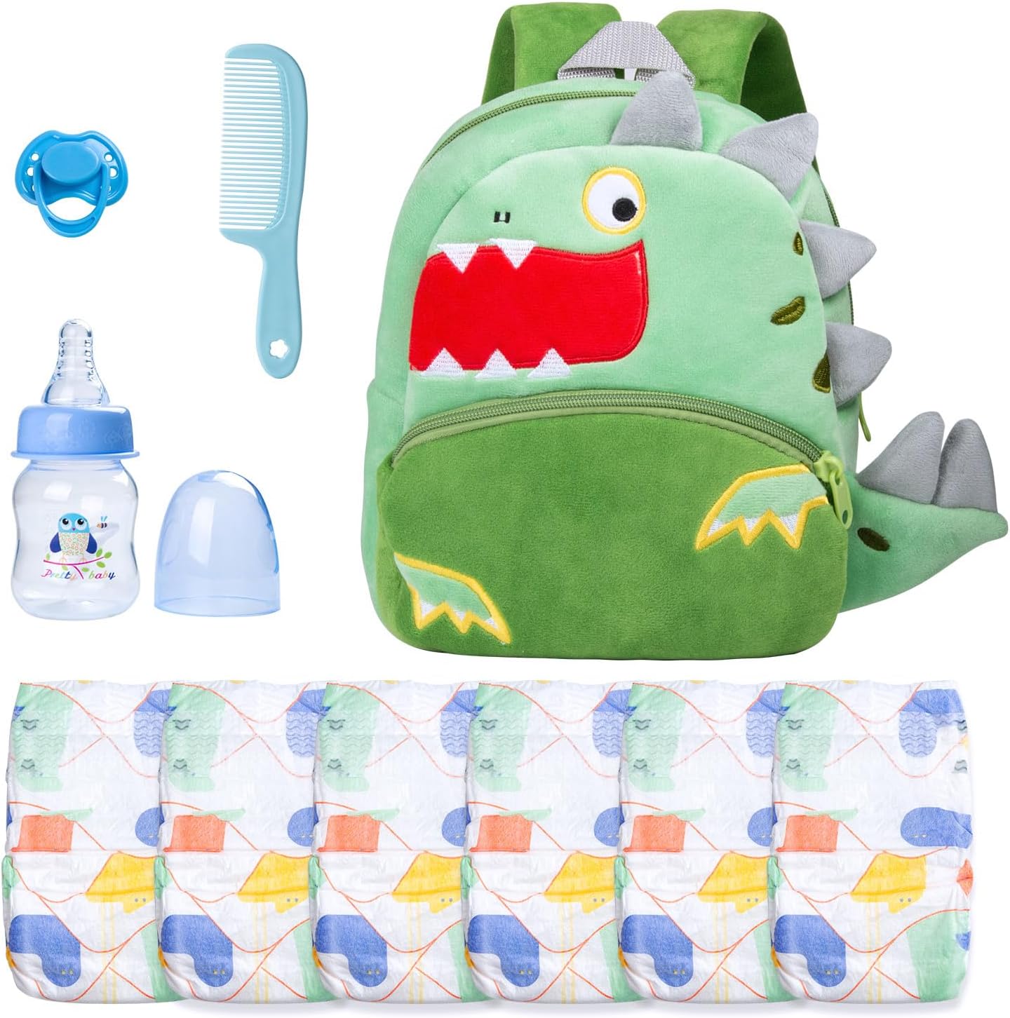 10 Pcs Reborn Baby Doll Diaper Bag Care and Feeding Set with Dino Backpack Diapers Pacifier Bottle Comb for 17-24 inches Reborn Dolls Accessories Newborn Baby
