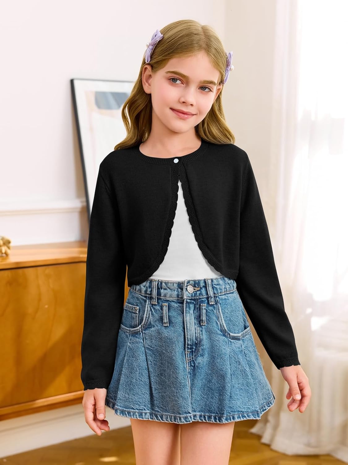 Girls Long Sleeve Bolero Cardigan Sweater Kids Cute Button Knit Shrug Cropped Sweaters Tops - Image 2