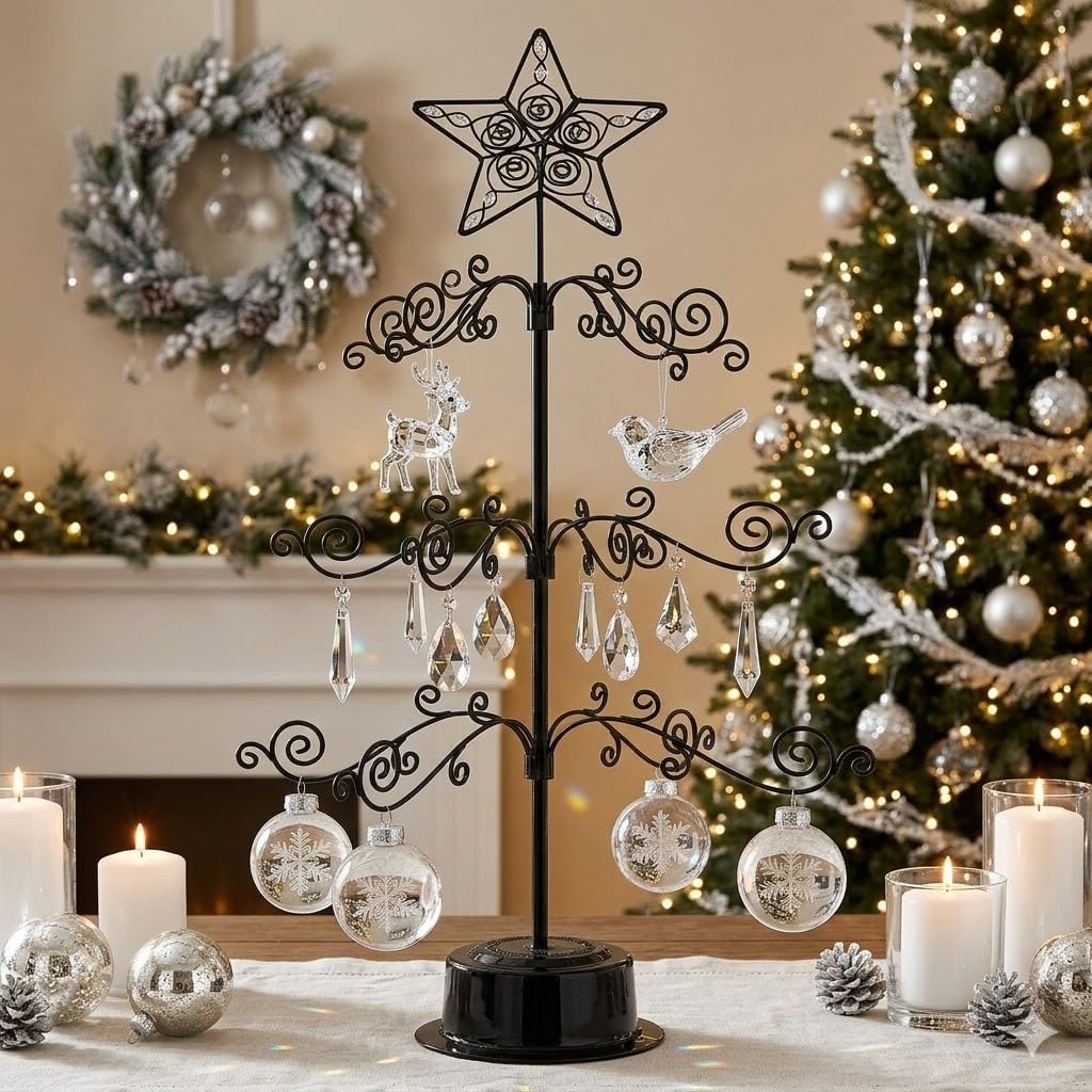 HOHIYA Rotating Ornament Display Tree Stand 24 Inch Metal Wire Hook Hanger for Christmas Balls Halloween Ornaments Craft Display Tabletop Decoration Taiwan Made Black