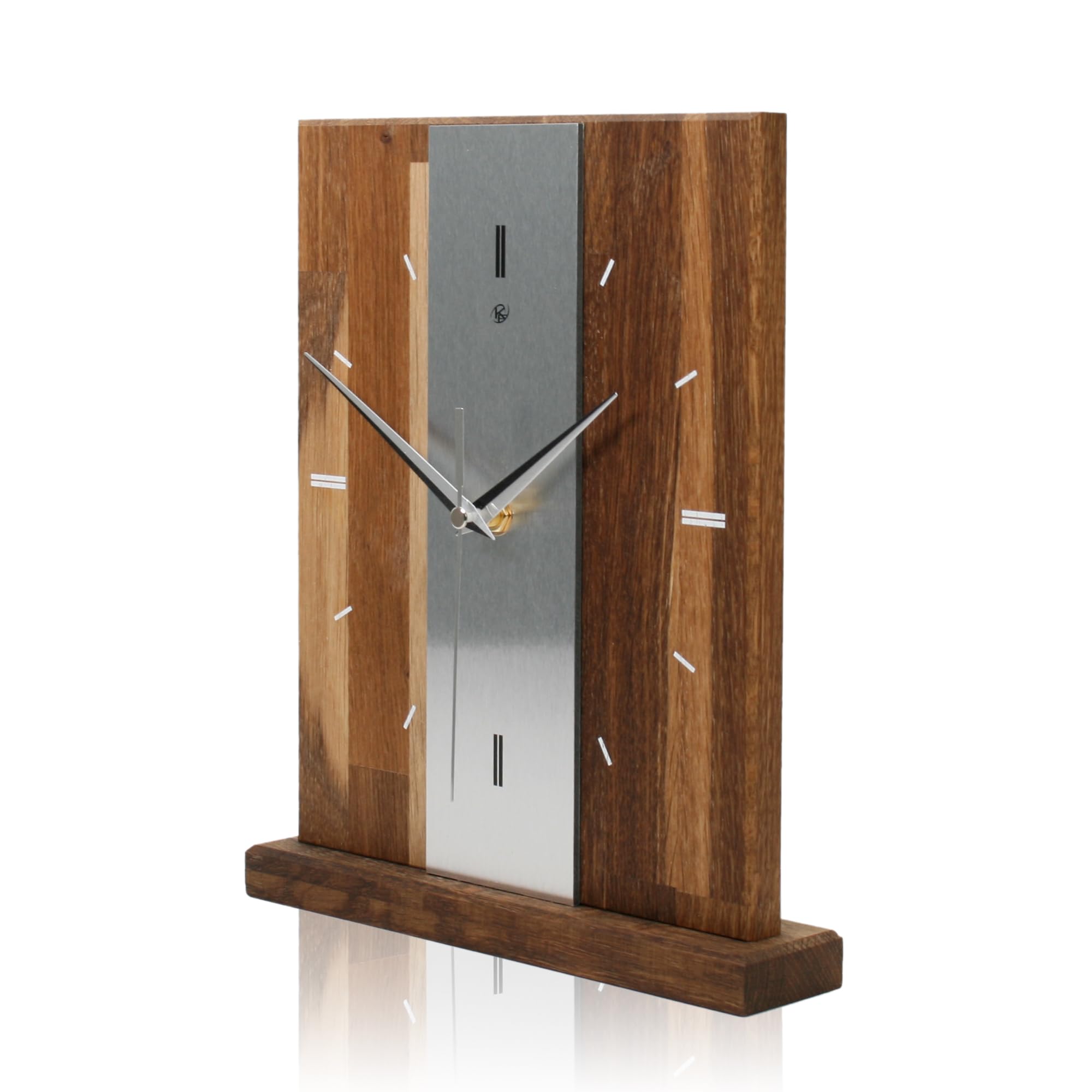 Kreative Feder Designer-STANDUHR Silver Stripe aus MASSIVHOLZ ca. 27x20cm – analoge TISCHUHR ohne Tickgeräusche (Eiche geräuchert, Funkuhrwerk)