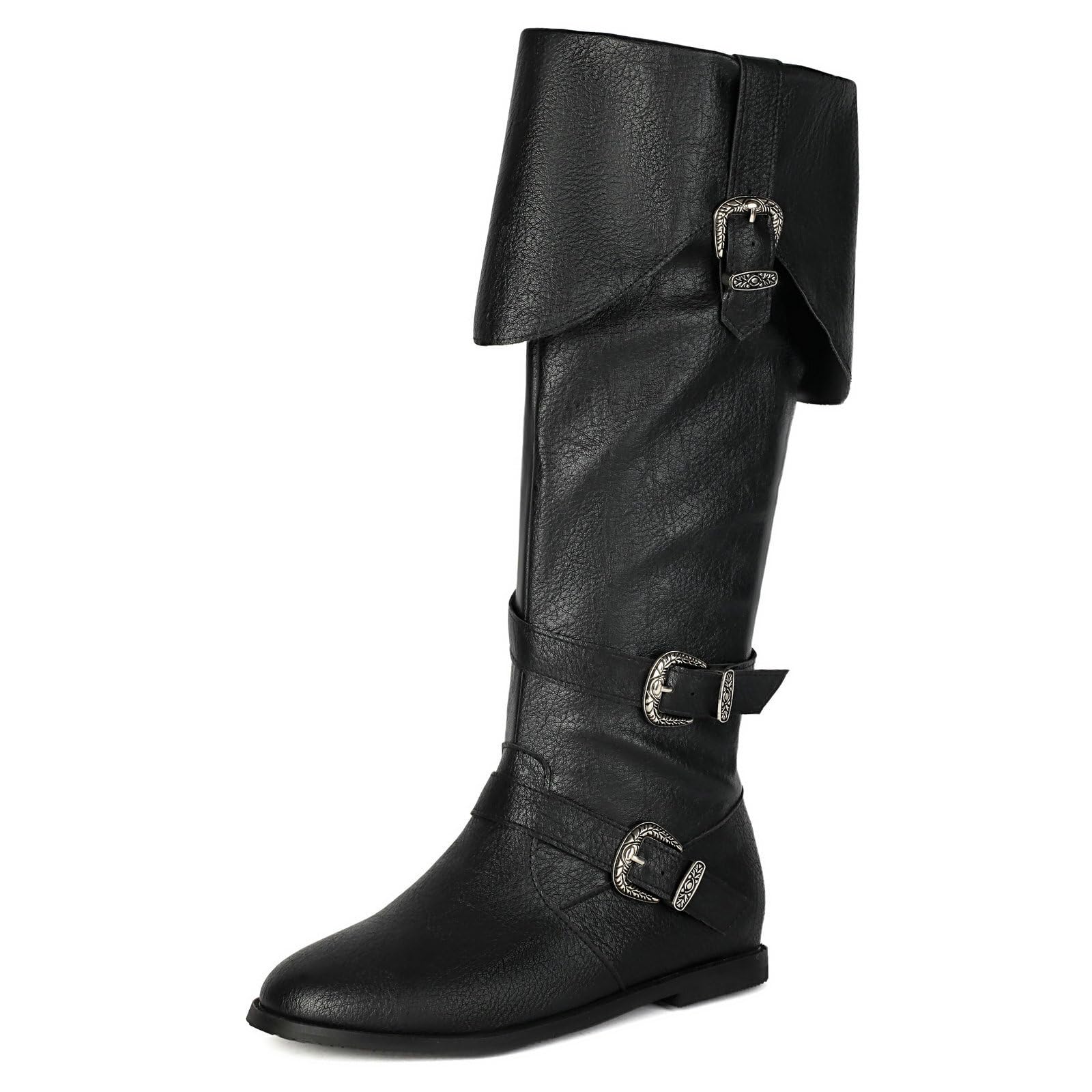 Betastella Womens Pirate Costume Boots Medieval Renaissance Knee High Flat Boots Buckle Vintage Halloween Cosplay Shoes