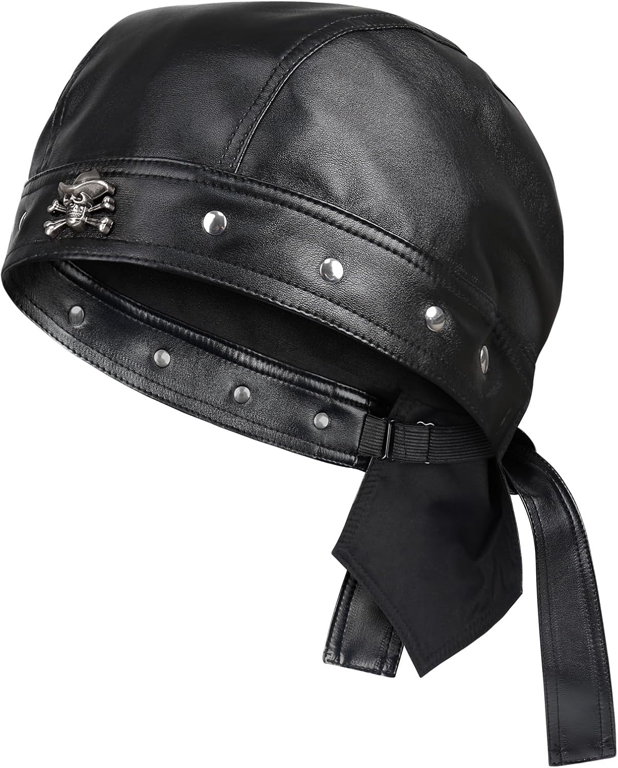 Leather Skull Cap - Adjustable Black Biker Skull Cap, Motorcycle Leather Hat Doo Rag Bandana