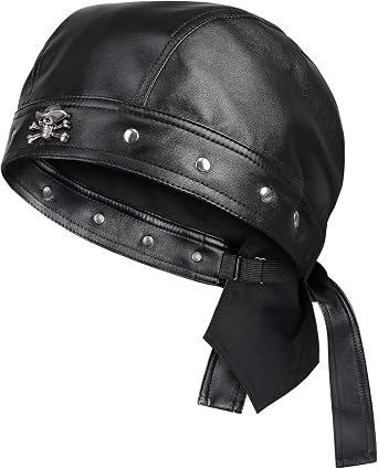 Leather Skull Cap - Adjustable Black Biker Skull Cap, Motorcycle Leather Hat Doo Rag Bandana