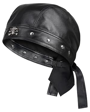 Leather Skull Cap - Adjustable Black Biker Skull Cap Motorcycle Leather Hat Doo Rag Bandana