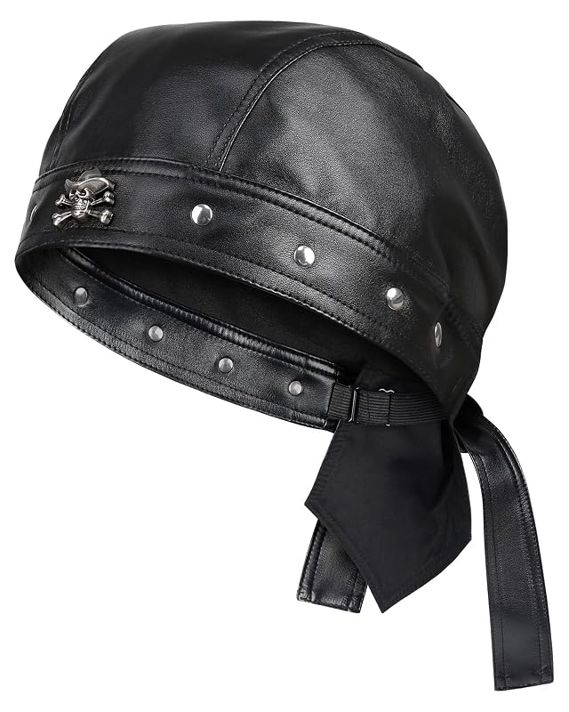 Leather Skull Cap - Adjustable Black Biker Skull Cap Motorcycle Leather Hat Doo Rag Bandana