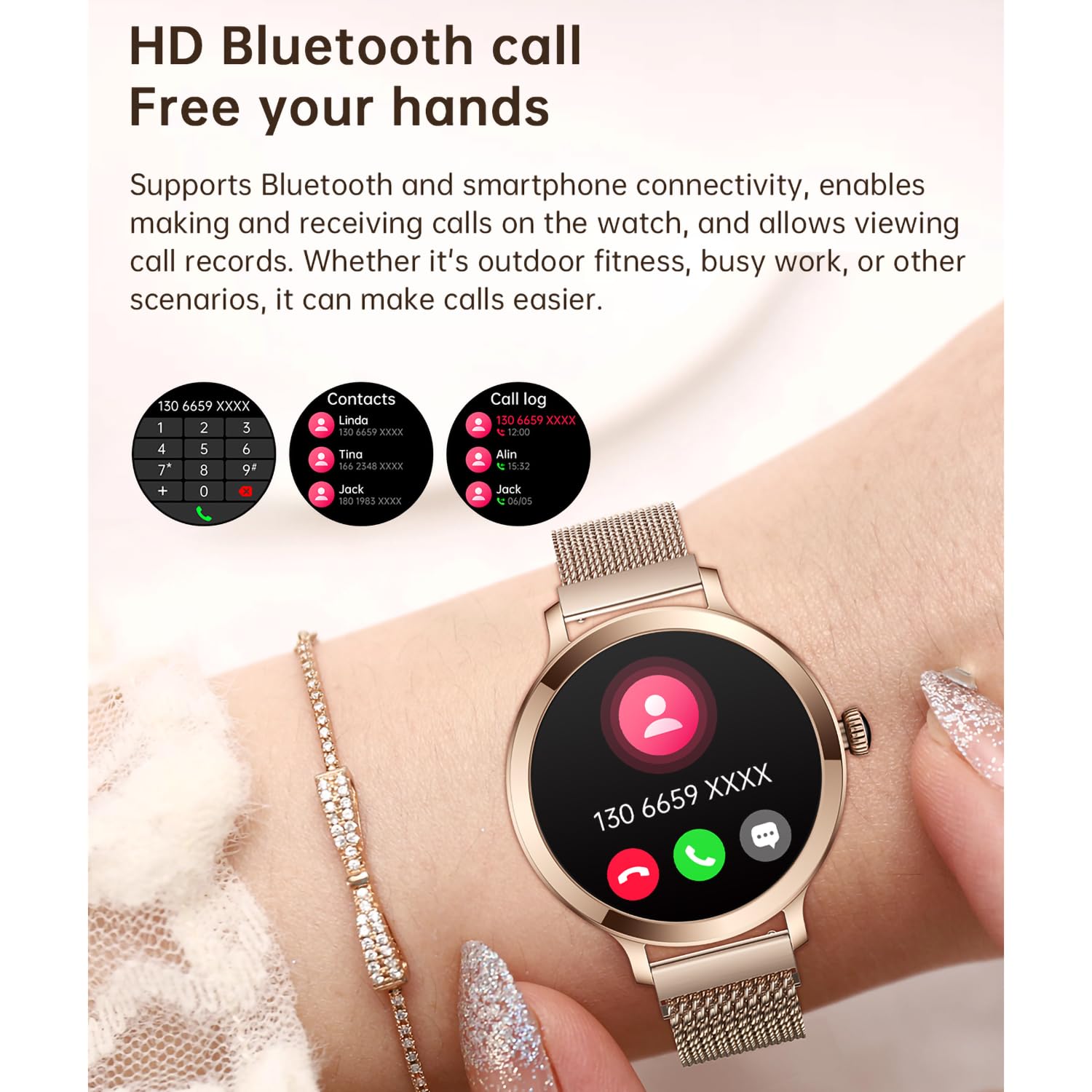Smartwatch für Frauen mit Bluetooth-Anruf, Fitness-Tracker wasserdicht Herzfrequenz Blutdruck Blutsauerstoff (Gold)