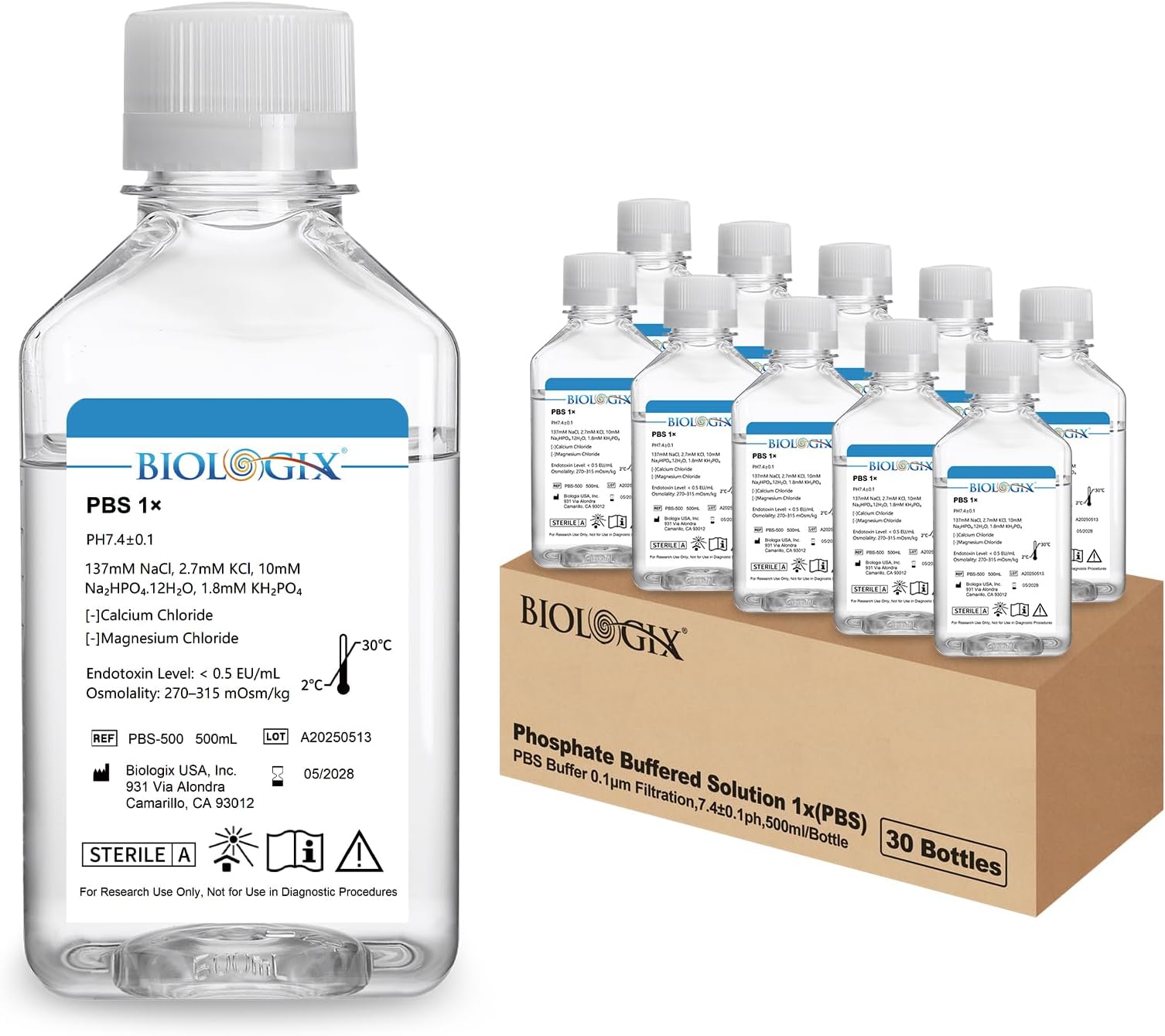 Phosphate Buffered Saline 1X, PBS Buffer 0.1um Filtration, 7.4pH, Sterilize, Reay to use Buffer for Laboratory, 500ml/Bottle, 30 Bottle/Case
