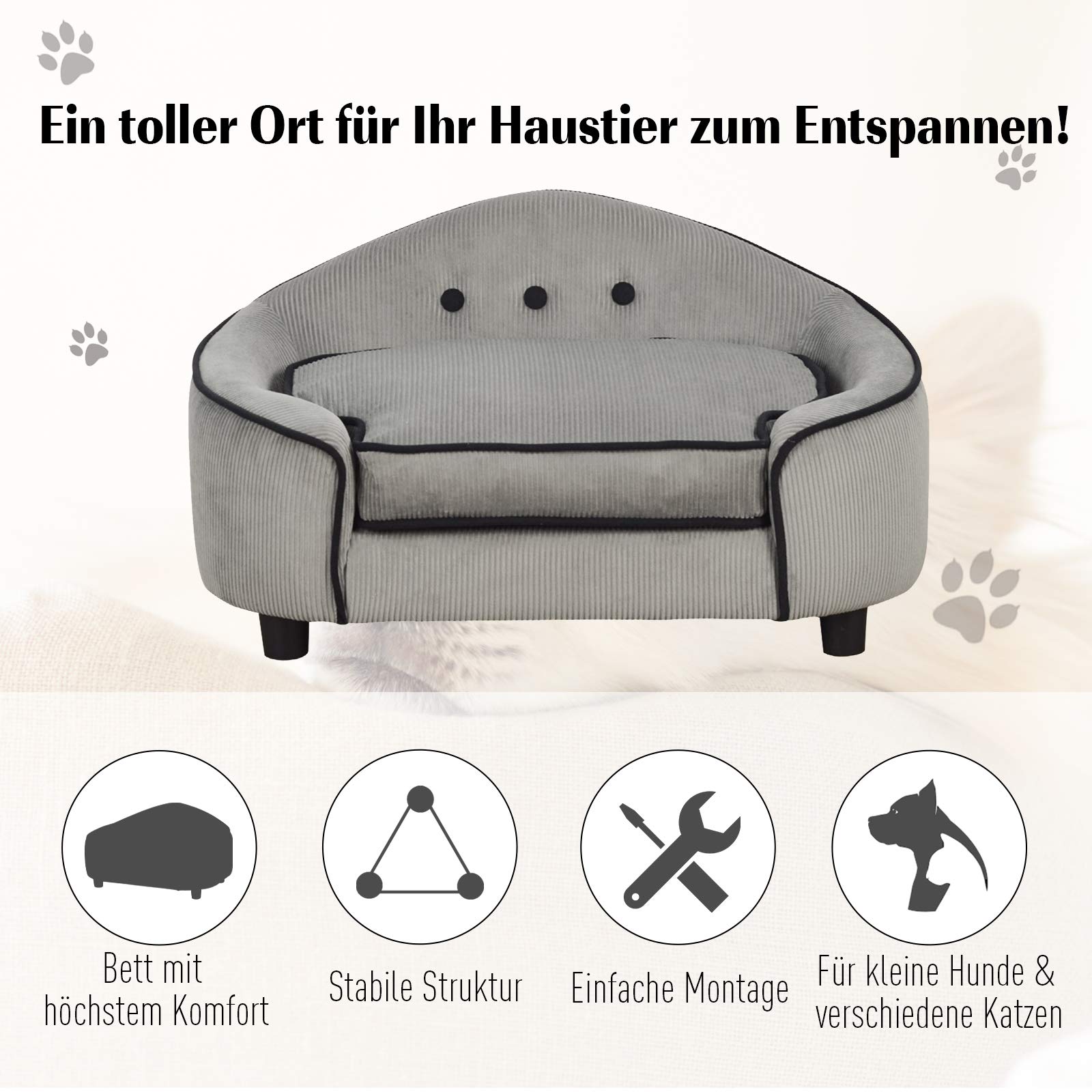 PawHut Haustiersofa, Hundebett, Hundematte, Hundesofa, Naturholz+Plüsch, Grau, 66,5 x 45 x 35,5 cm