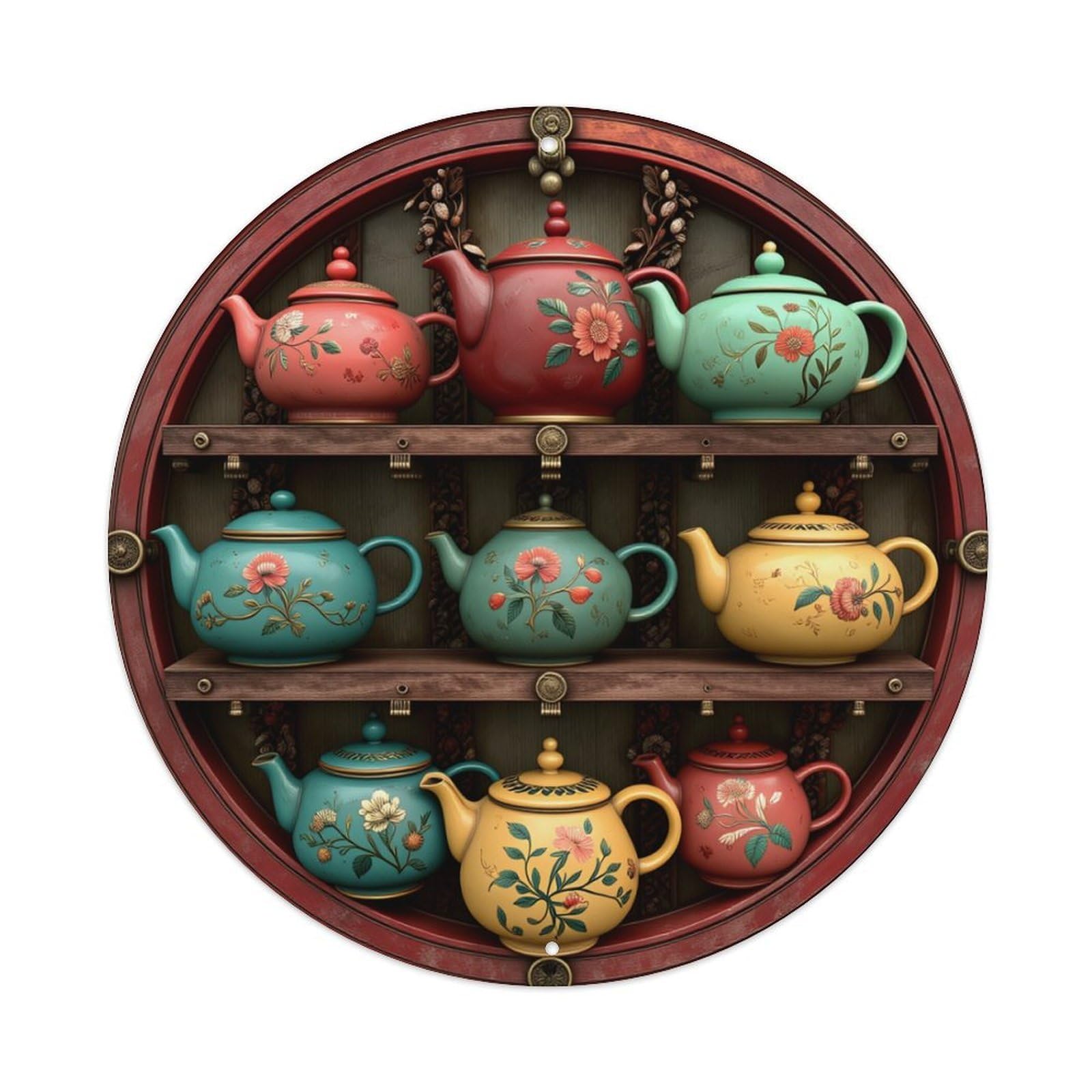 Floral Pattern Teapot Collection Display Round Tin Sign Retro Metal Sign for Cafe Bar Pub Home Game Room Gym Club Wall Decoration Vintage Metal Poster 8x8 Inch
