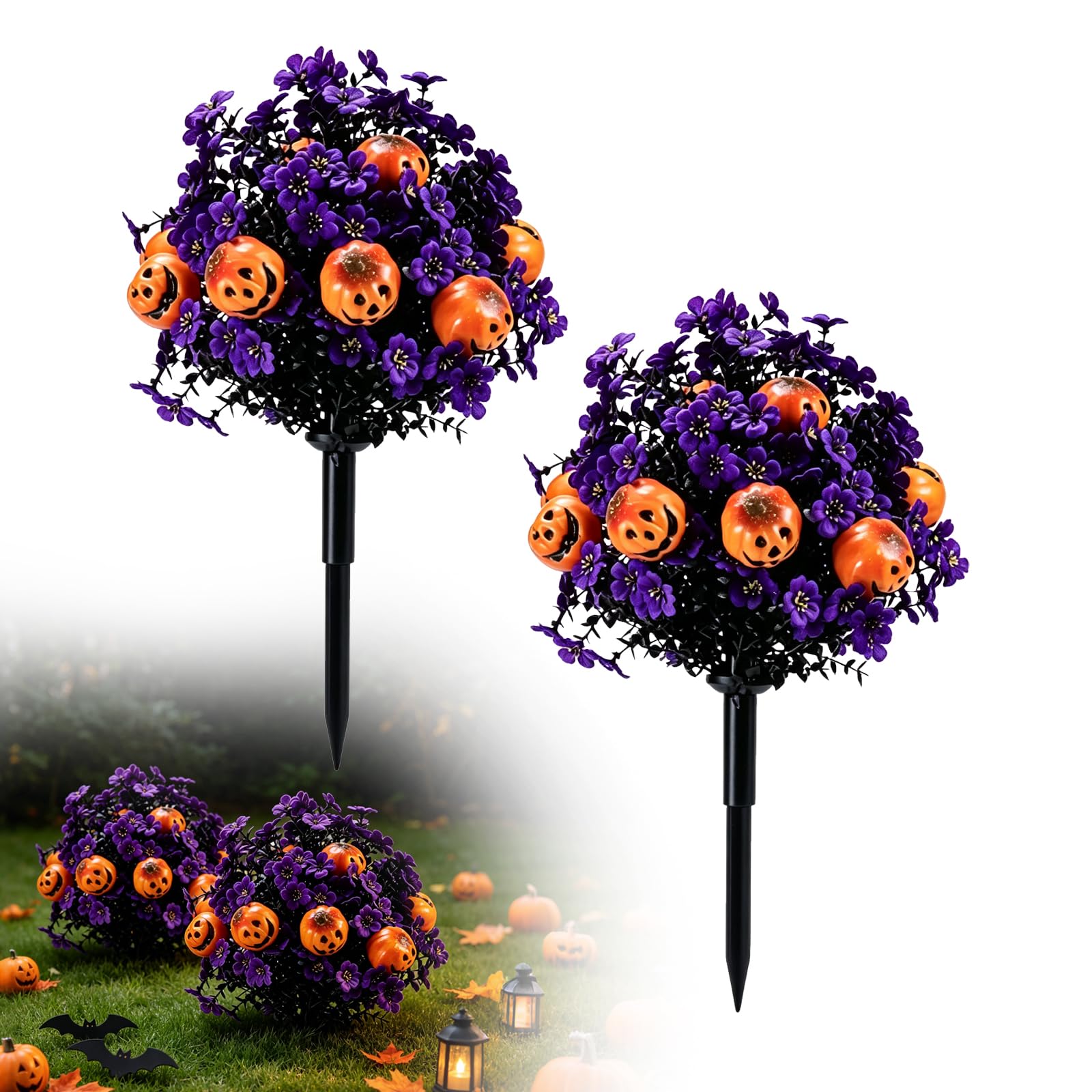 Arbustos violetas artificiales de Halloween con protección UV y estaca estable para exterior