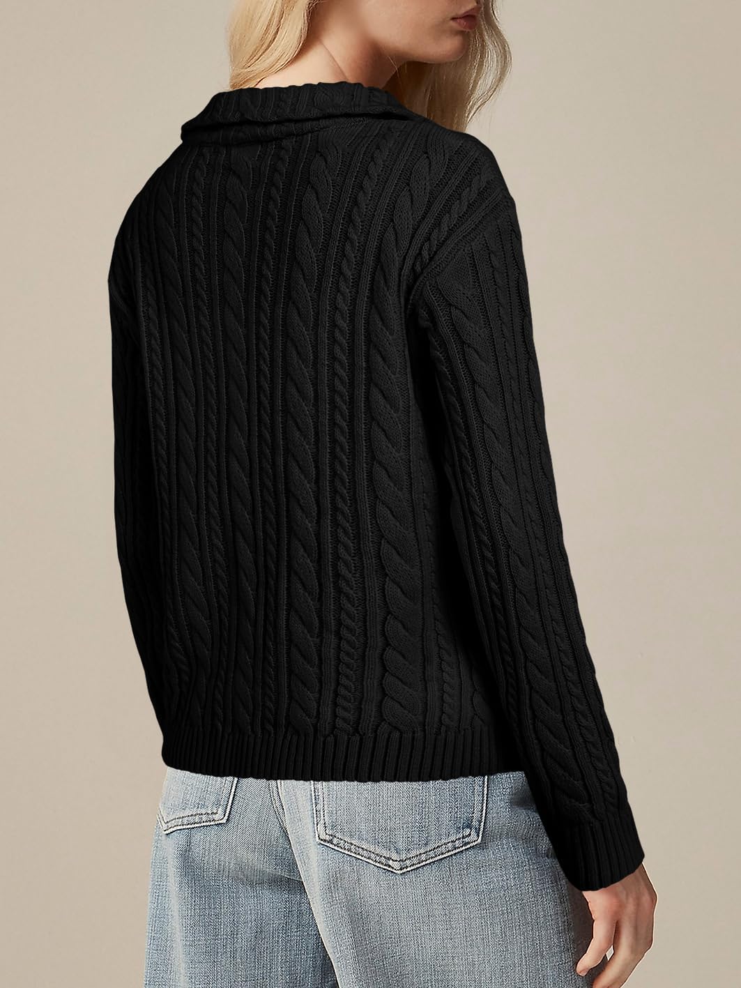 Saodimallsu Womens Cable Knit Cardigan Zip Up Collared Long Sleeve Vintage Sweater Loose Open Front Coats - Image 6