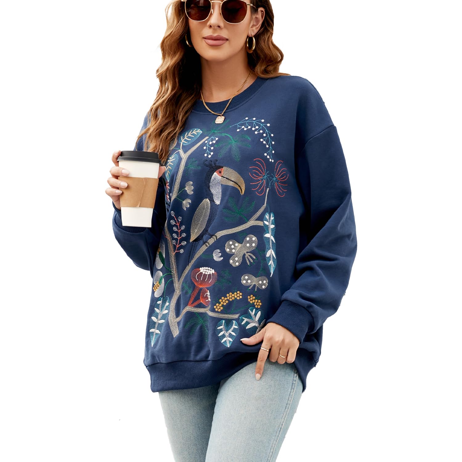 Mujeres Bordado Sudadera Manga Larga Invierno Cuello Redondo Suéter con Bordado Camisa de Manga Larga con Bordado Casual Top