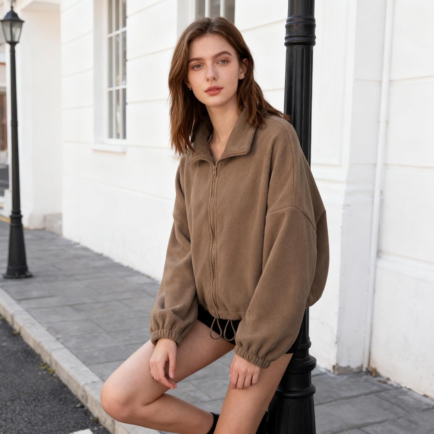 GaoCold Women's Zip Up Short Jacket Stand Collar Cardigan Oversized Sweatshirts Drawstring Hemlines Casual Long Sleeve Coat - Image 3