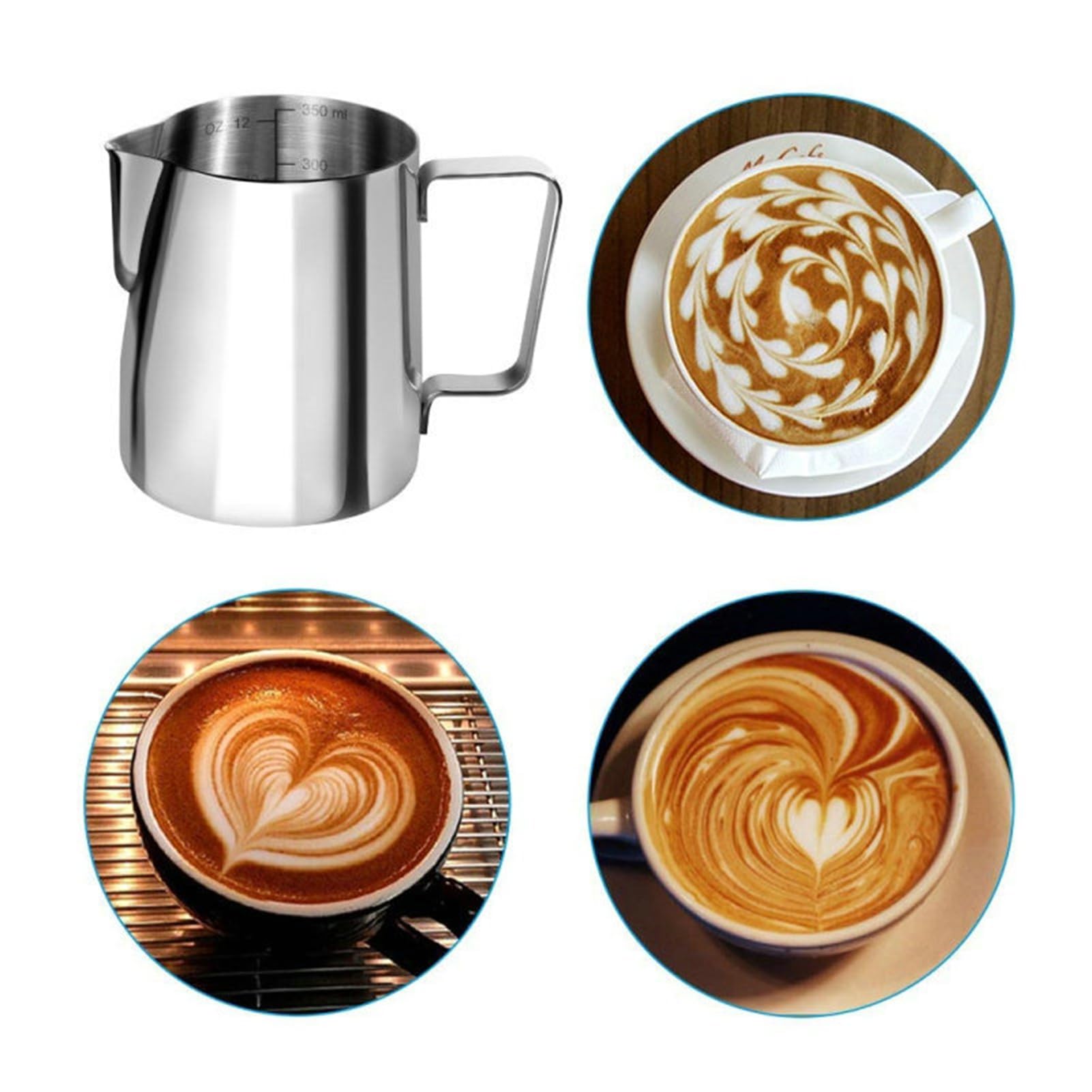 Brocca Per Montare Il Latte In Acciaio Inox 304 – 350 Ml – Con Misure Interne E Beccuccio Per Latte Art - 3